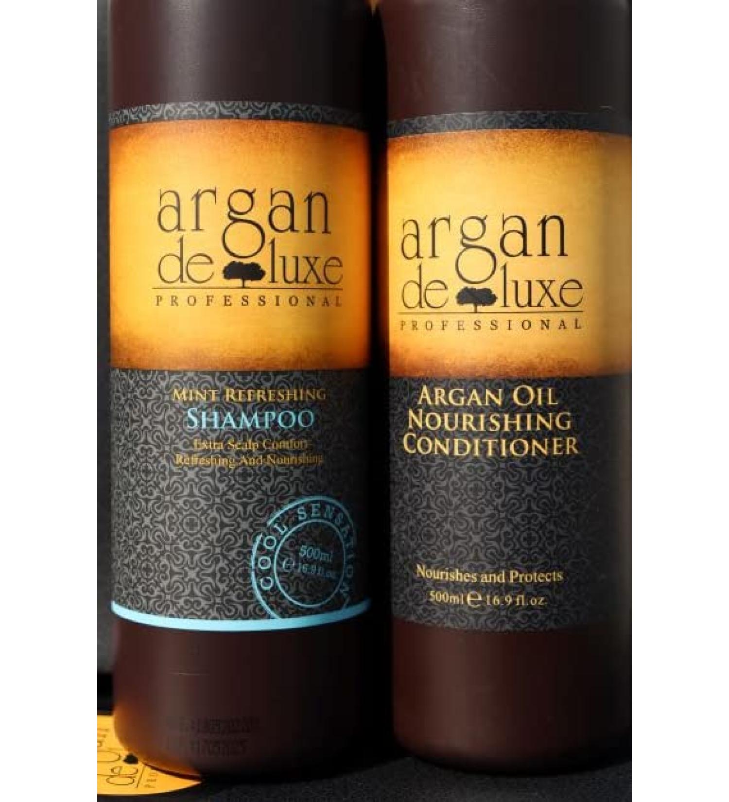 Argan De Luxe 100% Pure Organic Moroccan Argan Oil Shampoo & Conditioner 500ml - Nourishing Mint Formula | Argan Deluxe - Buy Online on GoSupps.com