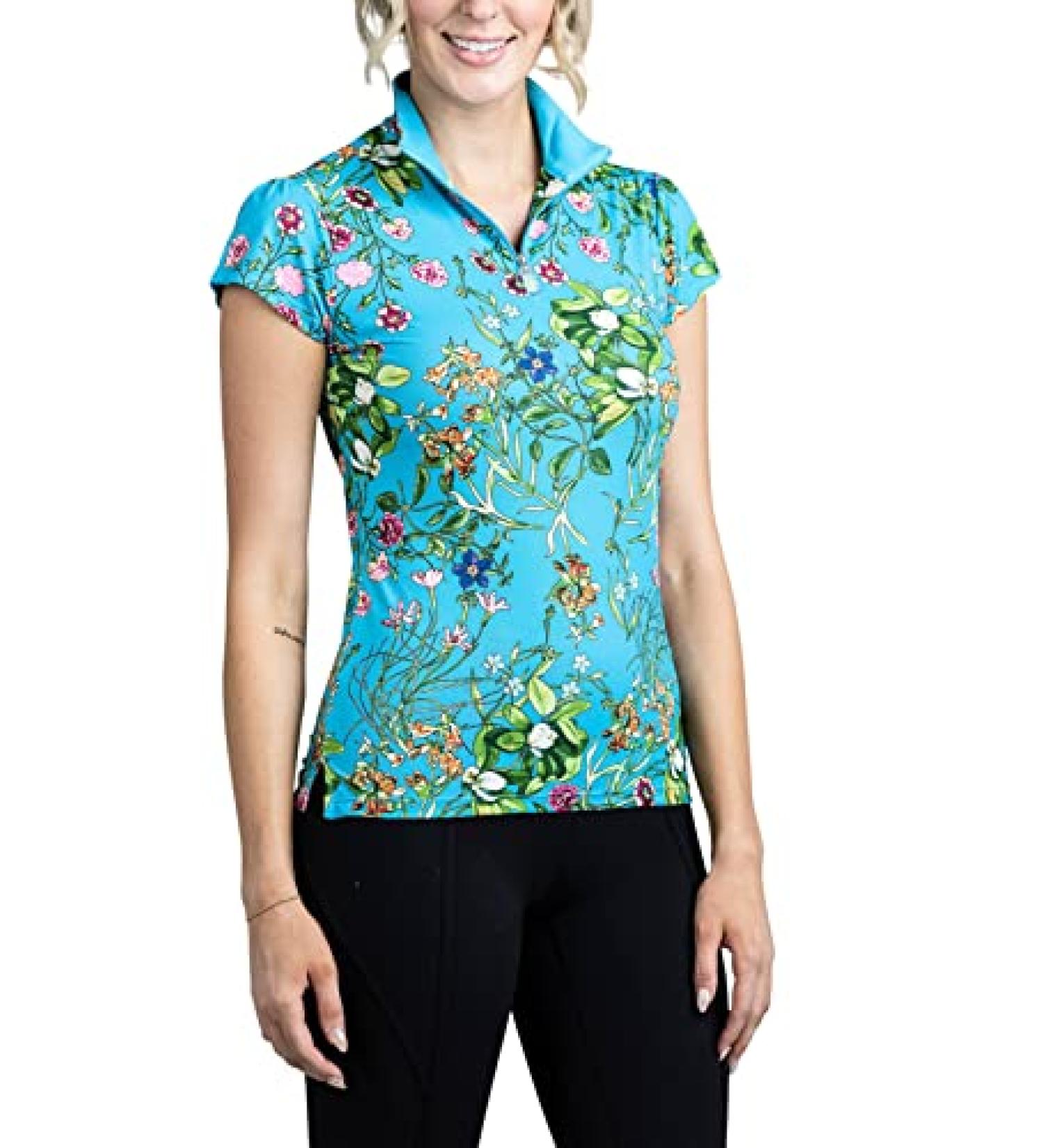 Kastel Denmark Women's Lightweight Cap Sleeve Sun Shirt | Quarter Zip Athletic Tops | UPF 30+ Protection Turquoise and Floral XX-Large