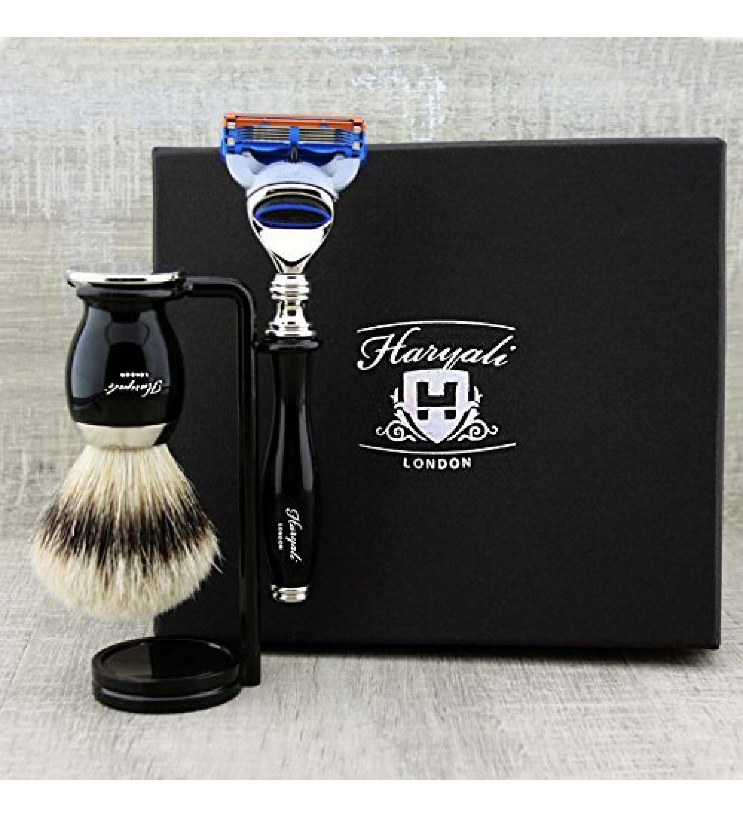 3 Pc Men's Shaving Kit - 5 Edge Safety Razor Silver Tip Badger Hair Brush & Stand Set - Perfect Gift for Men - Buy Online on GoSupps.com