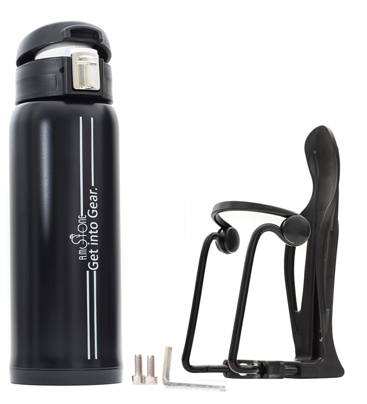 R.M.Stone Bike Bottle Holder Pro Set with Thermos and Additional Cage Mount - Adjustable, Anticorrosive, 16 oz Thermos included - Buy Online on GoSupps.com