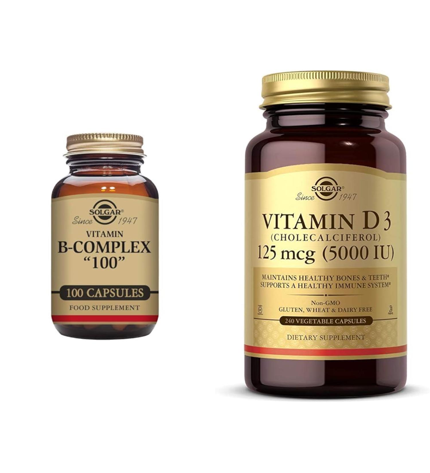 SOLGAR B-Complex 100" 100 Vegetable Capsules - Heart Health - Nervous System & Vitamin D3 (Cholecalciferol) 125 mcg (5000 IU) 240 Vegetable Capsules - Helps Maintain - Buy Online on GoSupps.com