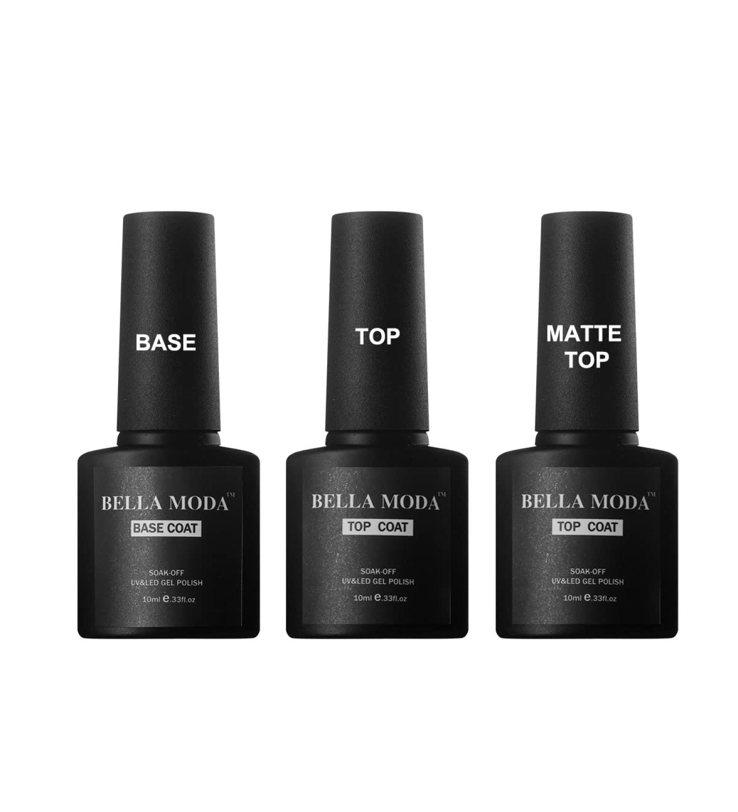 BELLA MODA Gel Nail Polish 10ml Base Coat No Wipe Top Coat and Matte Top Coat Set Soak Off UV LED Gel Varnish Nail Art Manicure for Salon and Home DIY