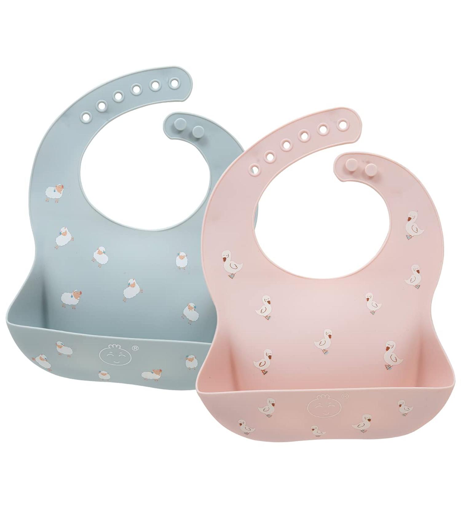 Little Dimsum 2Pcs Silicone Baby Bibs - Adjustable, Waterproof & Easy to Clean | Duck & Sheep Design | Food Crumb Catcher for Babies & Toddlers - Buy Online on GoSupps.com