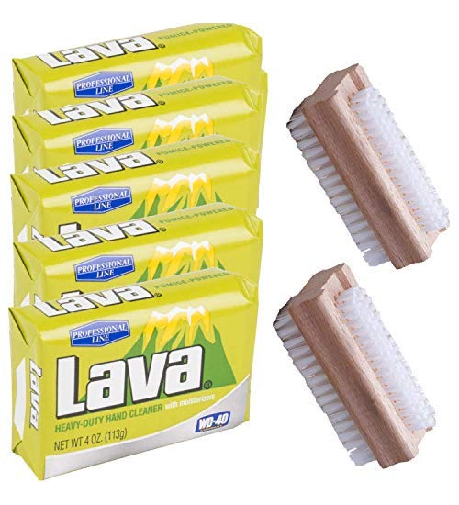 Lava Hand Cleaner Heavy-Duty Pumice Soap - 5 Bars (4 OZ Each) & 2 Wooden Nail Brushes | Professional Line | Moisturizing Formula for Tough Jobs | International Shipping Available - Buy Online on GoSupps.com
