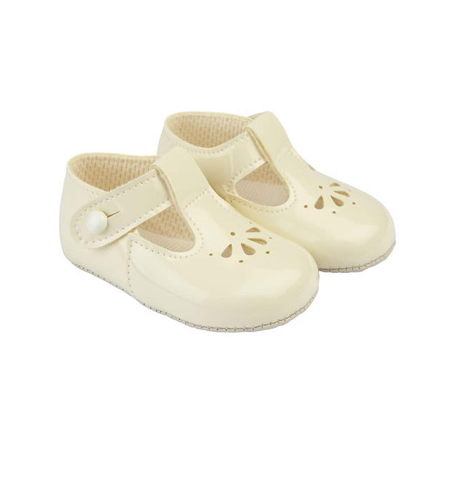 Early Days Baypods B617 T Bar with Petal Punch Pre Walker Baby Shoes Made in The Softest Faux Leather Made in England 0 UK Child Ivory Patent