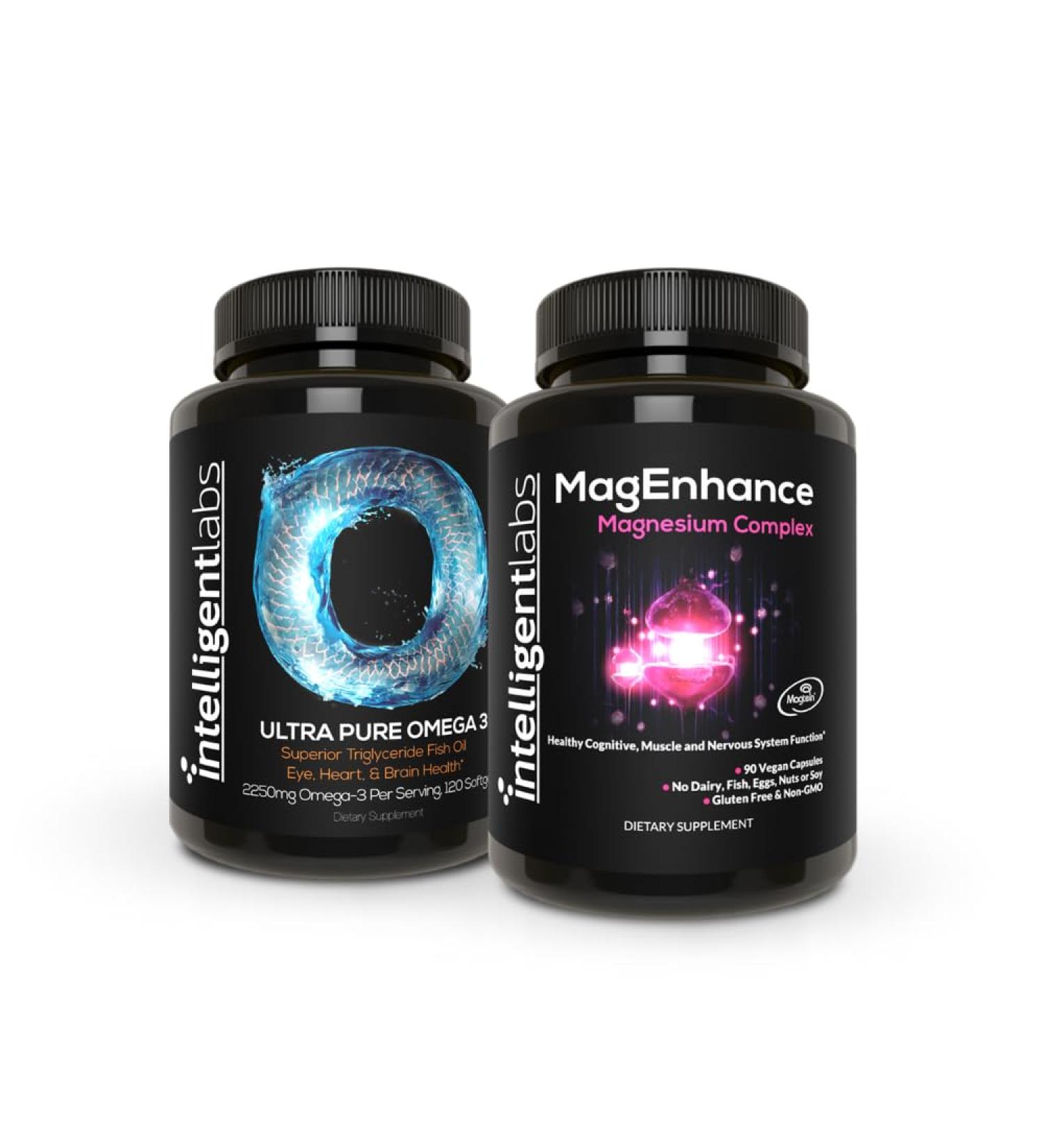 Intelligent Labs 2-in-1 Bundle of MagEnhance Magnesium Complex (Magtein L-Threonate Glycinate and Taurate) and Omega-3 Triglyceride Fish Oil Softgels Supplement (2 250mg per Serving) - Buy Online on GoSupps.com