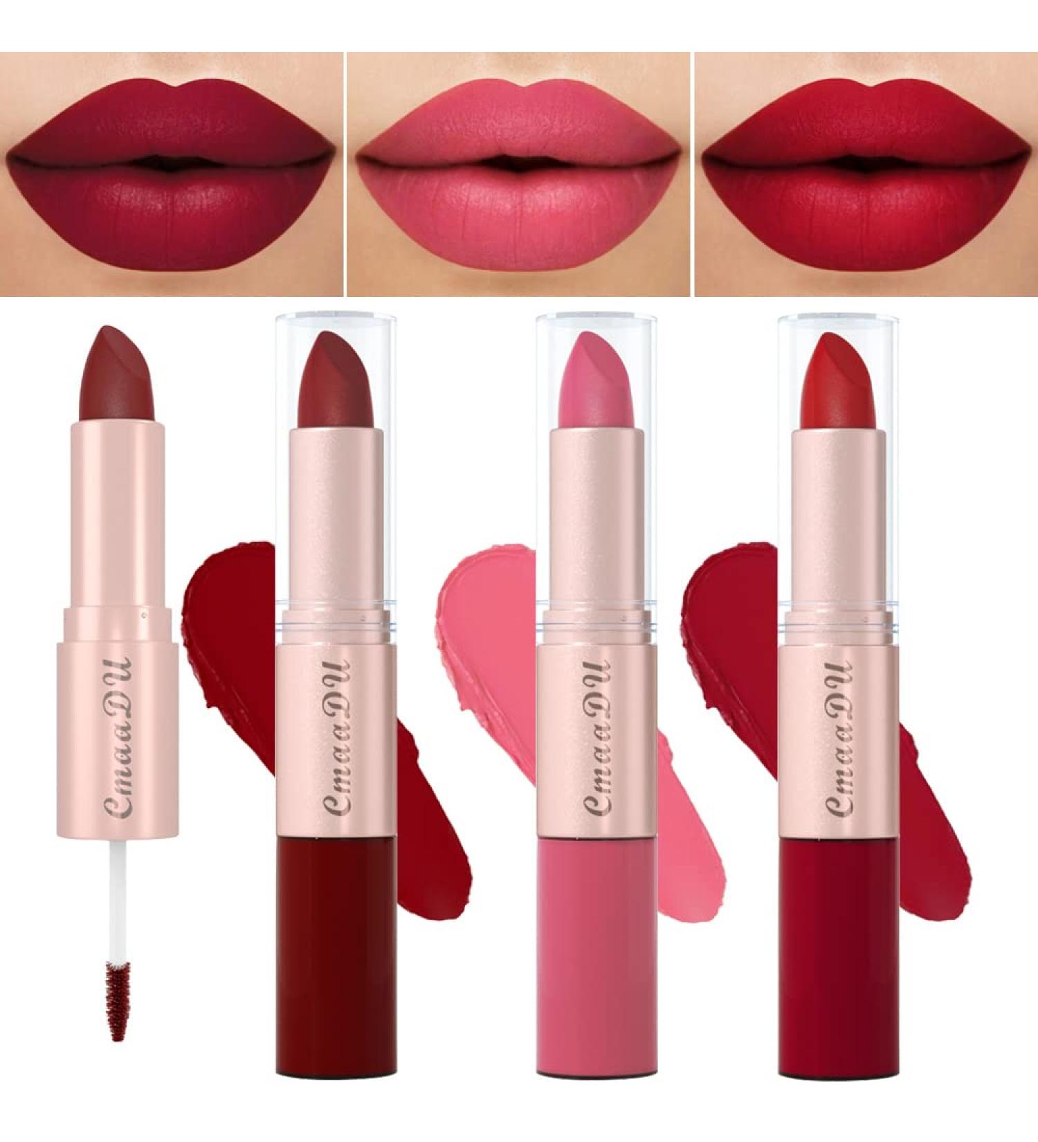 3Pcs Set: EVPCT 2 In 1 Deep Red Matte Lipstick & Long Lasting Liquid Lip Gloss for Women - Vegan, Waterproof, 24 Hour Wear - Red Rose, Nude Pink, Matte Mate - Buy Online on GoSupps.com