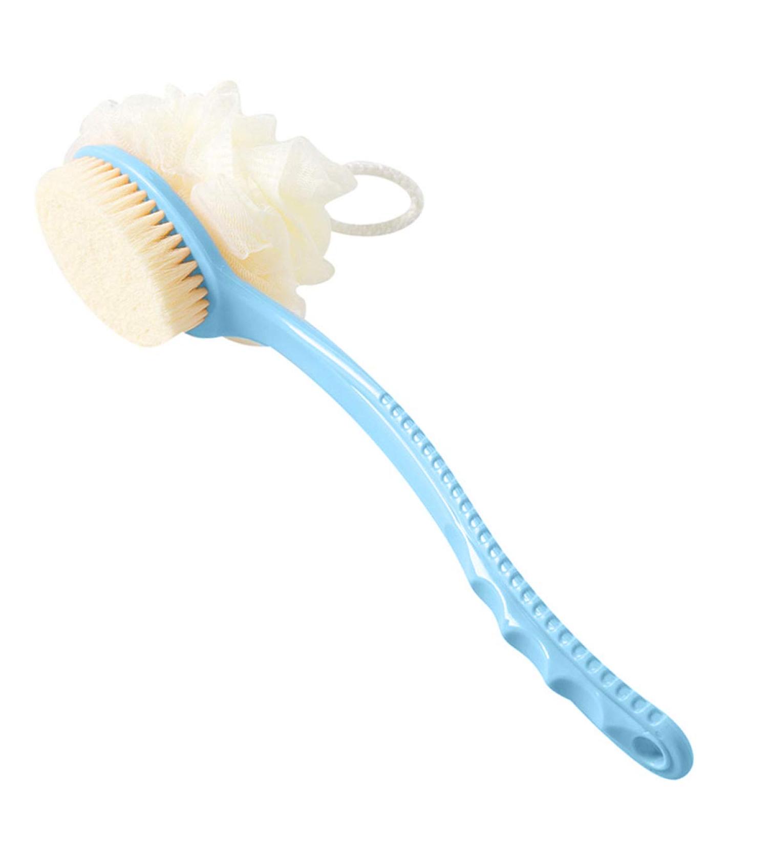 2-in-1 Shower Body Brush with Loofah Sponge & Bristles Back Scrubber - Exfoliating Bath Brush for Women and Men - Long Handle for Wet or Dry Use - Blue - Buy Online on GoSupps.com