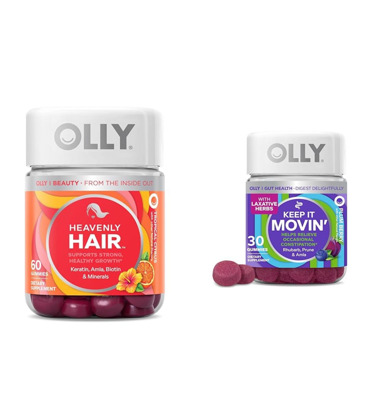 OLLY Hair Gummies with Keratin & Biotin and Constipation Relief Gummies with Rhubarb & Prunes - 60 + 30 Count Gummies + Constipation Relief - Buy Online on GoSupps.com