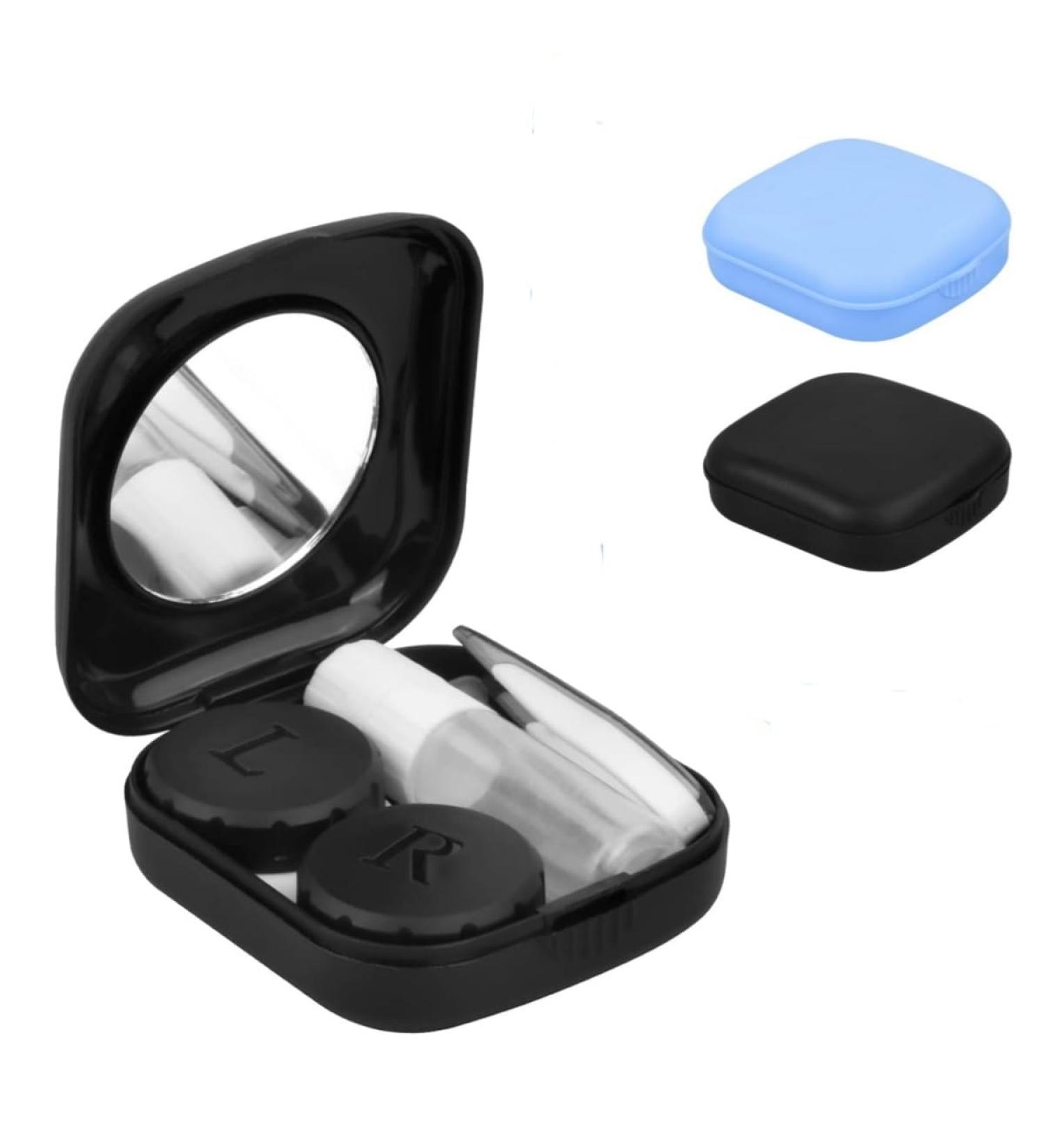 Meiso 2 pieces of portable contact lens container travel set for contact lenses small contact lenses Accessories case with mirror tweezers and suction cups travel for at home (blue and black)