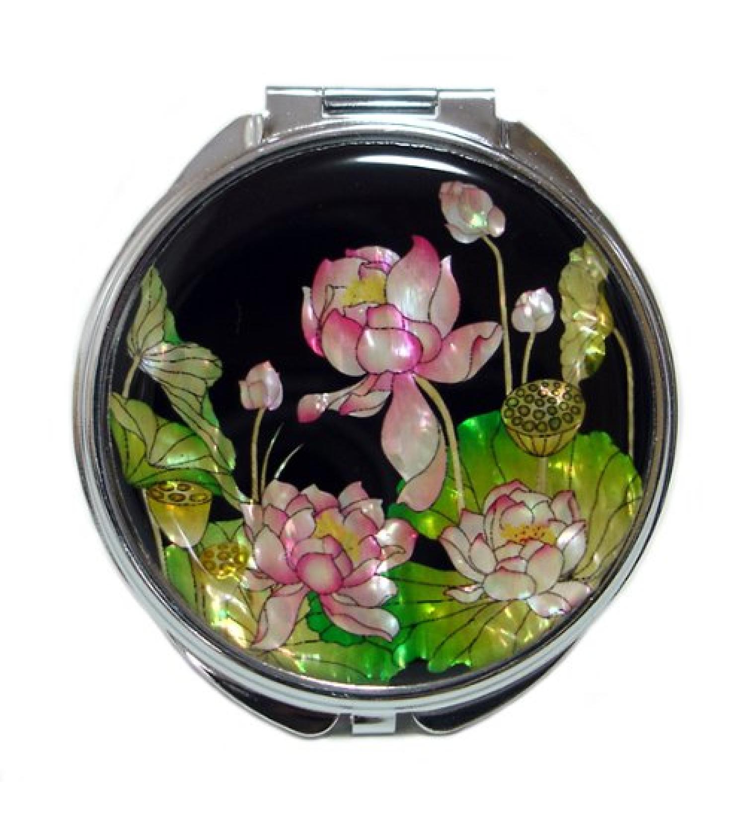 Mother of Pearl Pink Lotus Flower Double Magnifying Compact Hand Mirror - Buy Online on GoSupps.com
