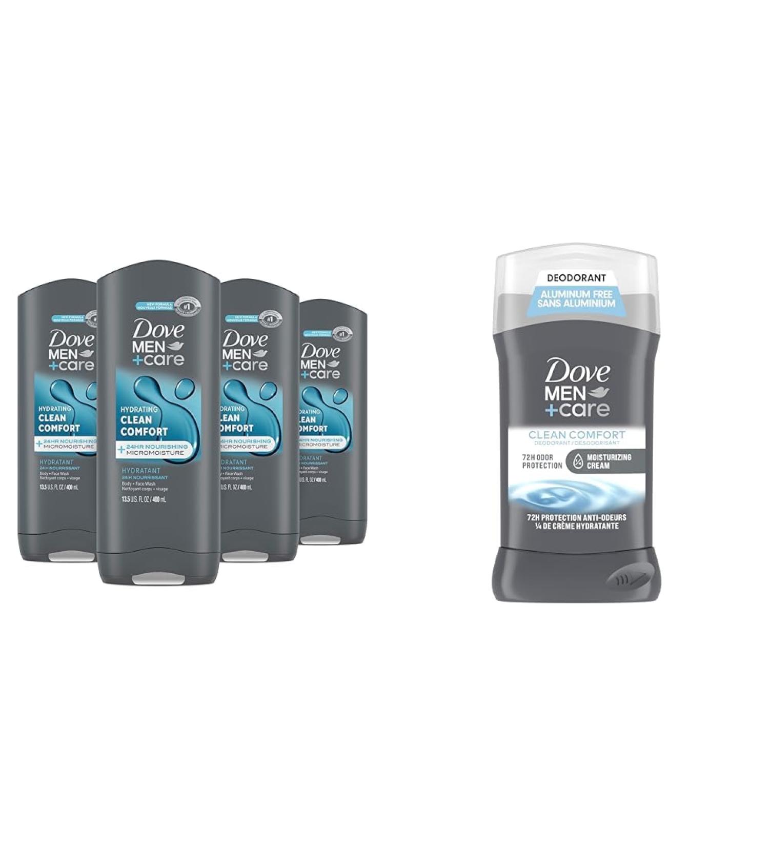 Dove Men+Care Hydrating Clean Comfort Body and Face Wash (400ml Pack of 4) | Aluminum-free Deodorant Stick (85g) 400 ml (Pack of 4) Body and Face Wash+Men + Care deodorant - Buy Online on GoSupps.com