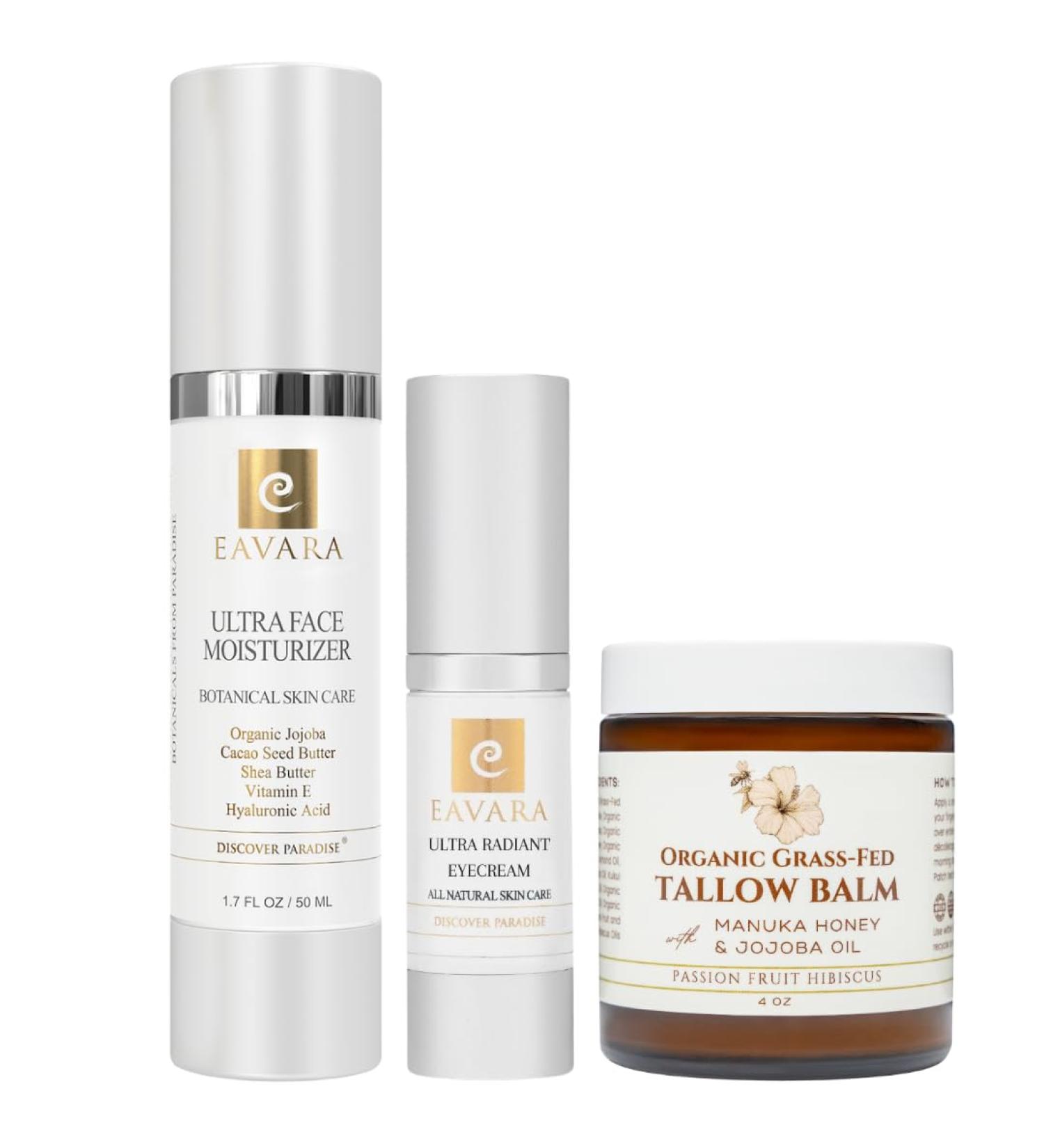 Eavara Collagen Face Moisturizer Eye Cream and Tallow Balm Set Organic Skincare Trio with Grass-Fed Tallow Collagen Peptides Hyaluronic Acid and Jojoba Oil Hydrates Firms & Soothes - Buy Online on GoSupps.com