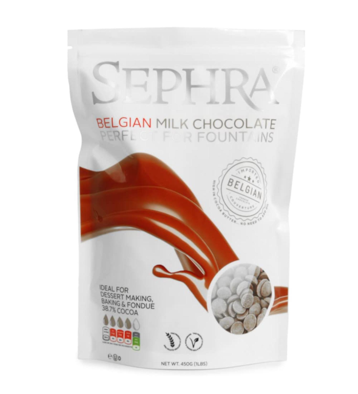 Sephra Giles & Posner 450g Belgian Milk Couverture Chocolate Callets - Perfect for Fountains, Melting, Baking, and Fondue - Gluten Free and Halal - 1 Pack - Buy Online on GoSupps.com