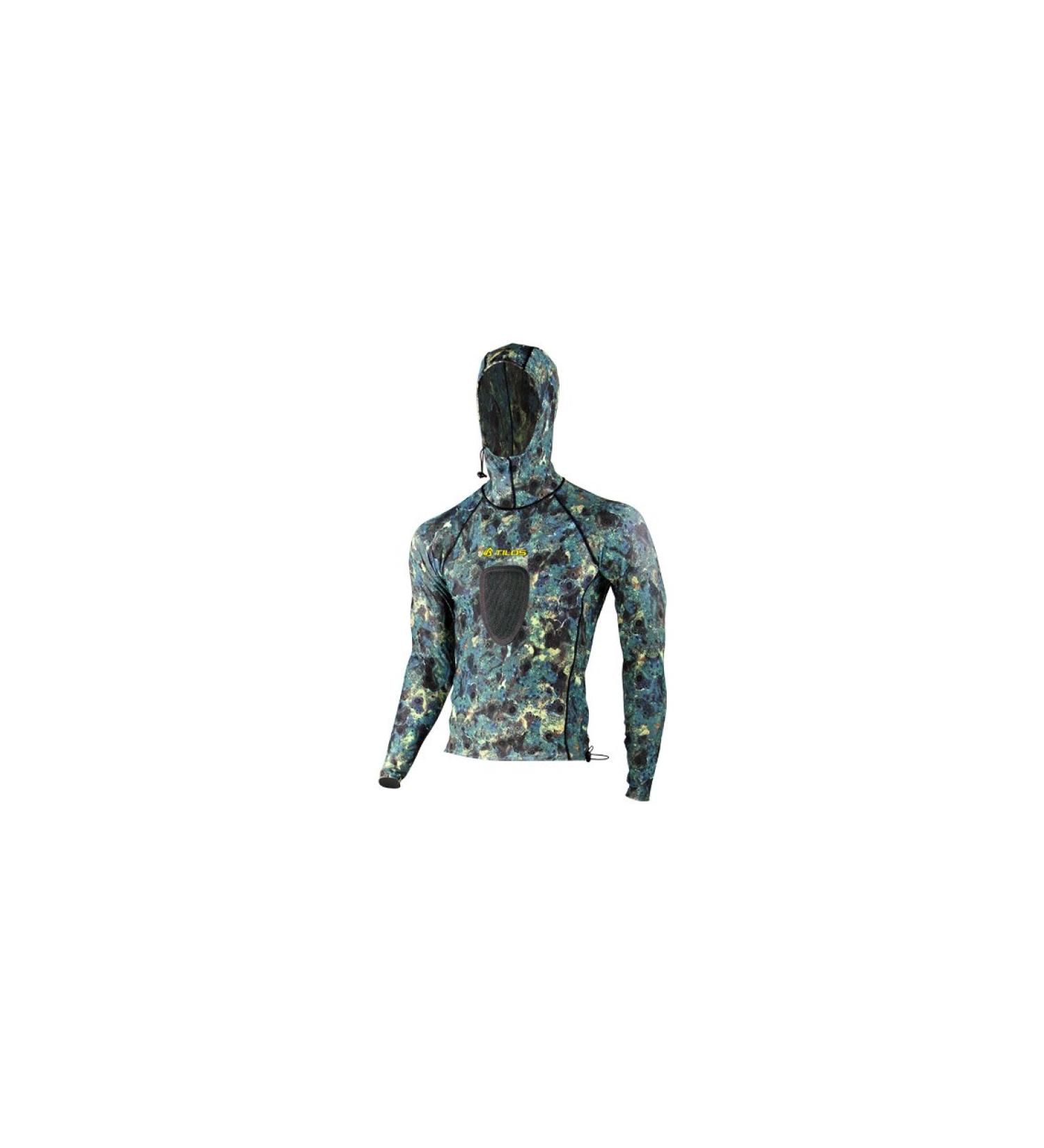 Tilos Camouflage 5.5oz Spearfishing UPF 50+ Rash Guard w/Hood Large Padded Green Camo