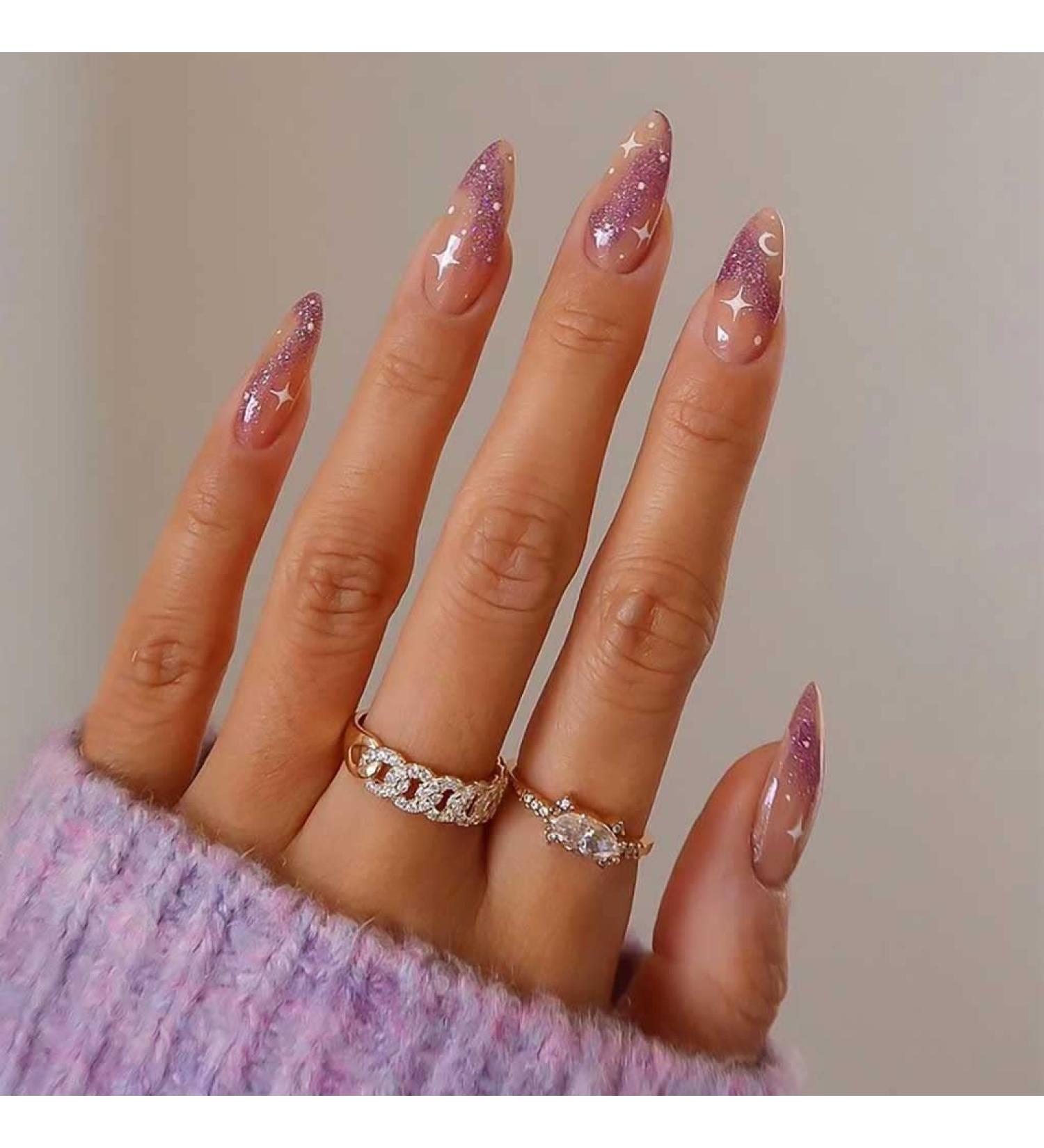 RikView French Tip Medium Acrylic Almond Nail Set - 24 PC Nude & Purple Stick-On Nails - Buy Online on GoSupps.com