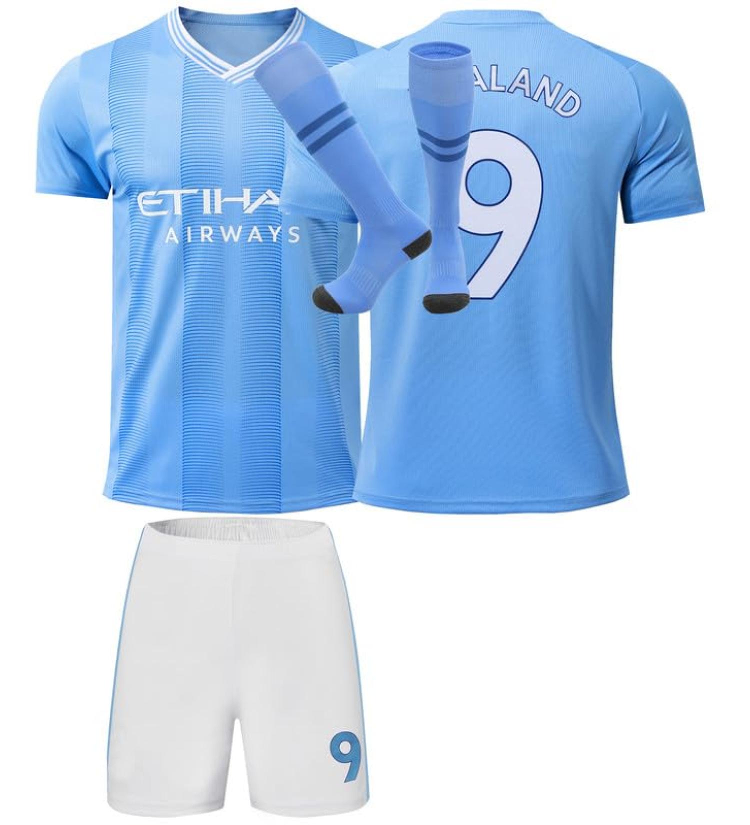 Mokiss Erling #9 Blue Kids Jersey Football - New Season Youth Sizes 26 (8-9 Years) with Shorts & Socks - Shop Now! - Buy Online on GoSupps.com