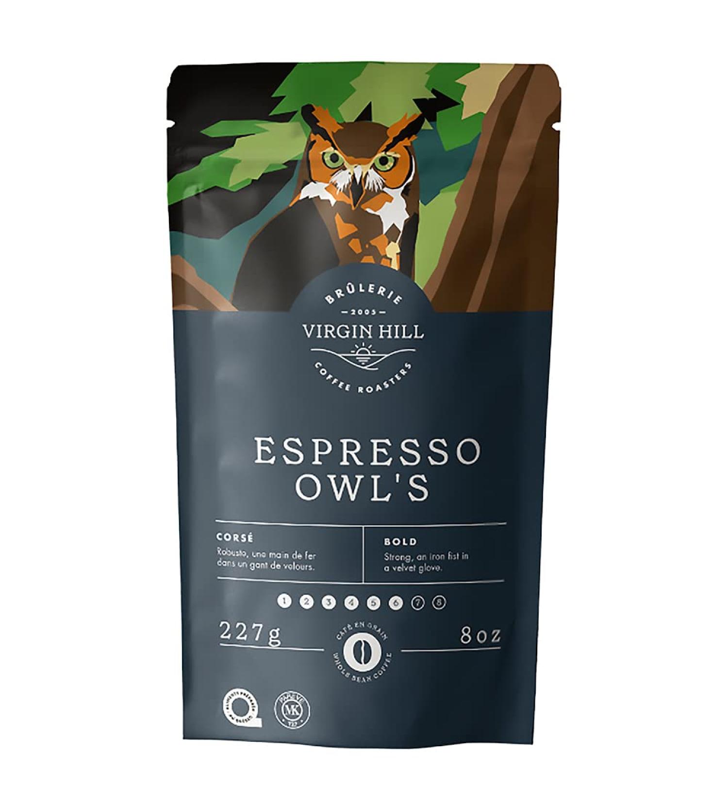 Virgin Hill Coffee - Espresso Owl's - Bold Intensity & Medium Roast - Half Pound of High-Grade Coffee Beans - 8oz / 227 grams Whole Bean 8 oz. / 227 grams - Buy Online on GoSupps.com