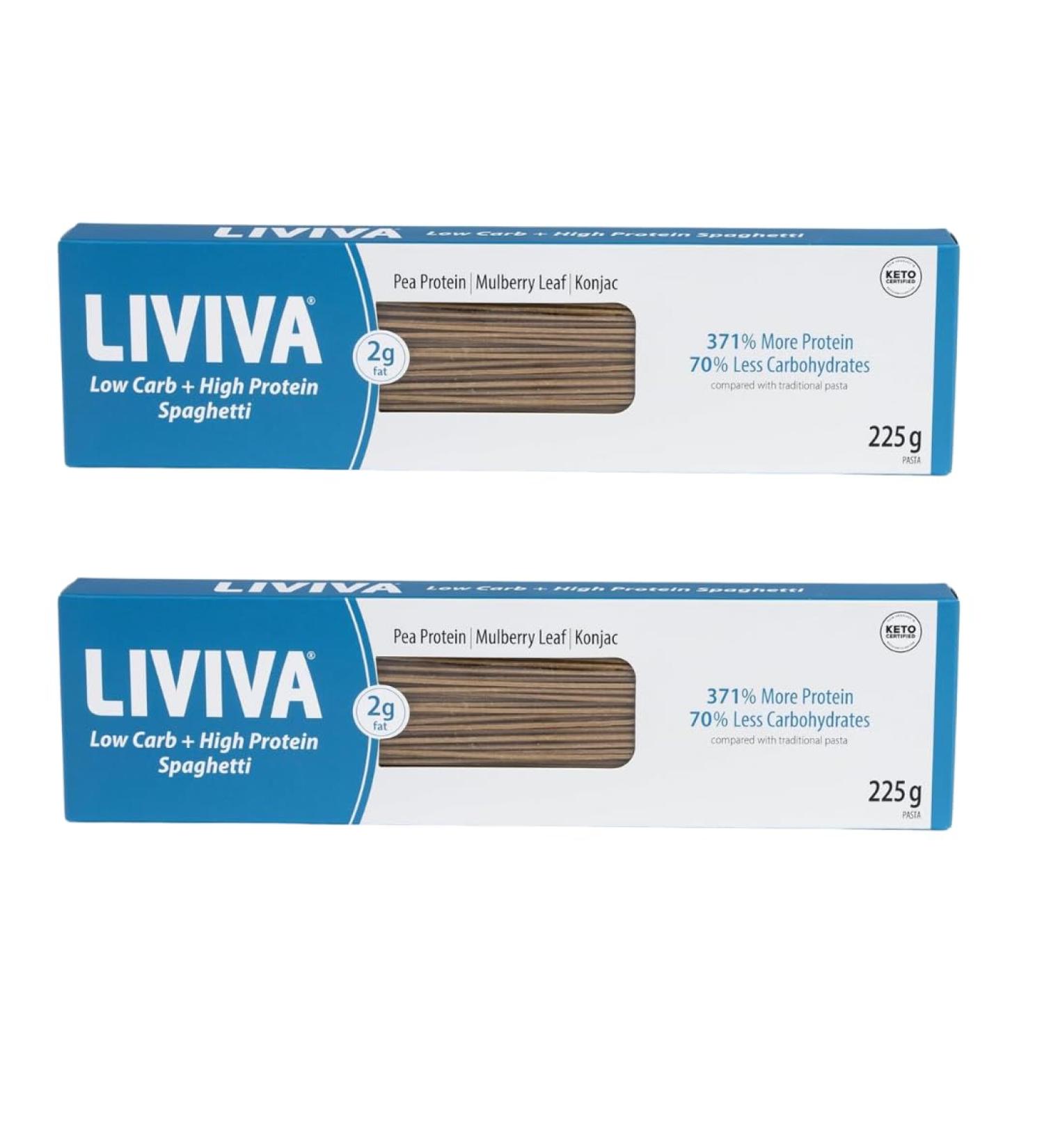 LIVIVA Low Carb High Protein KETO Spaghetti Pasta - 27g of Protein 8g Net Carbs Diabetic-Friendly - Made with Pea Protein Mulberry Leaf and Konjac (Pack of 2) 225g (Pack of 2) - Buy Online on GoSupps.com