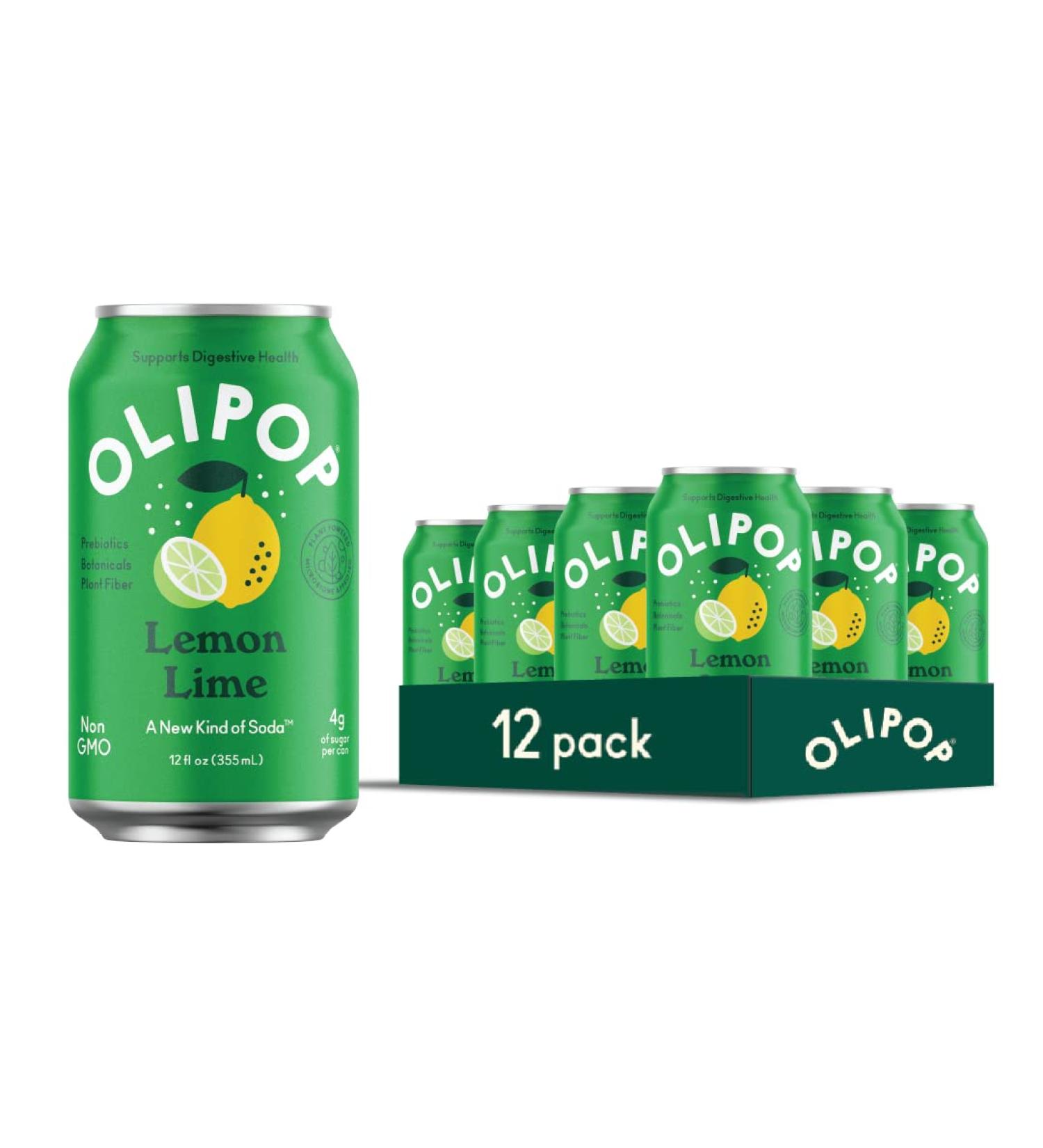 OLIPOP Lemon Lime Sparkling Tonic | Prebiotic Soft Drink with 9g Plant Fiber | Botanical-Rich & Low-Calorie | 4g Sugar per Can | Caffeine-Free & Vegan | Non-GMO | 12oz 12-Pack - Buy Online on GoSupps.com