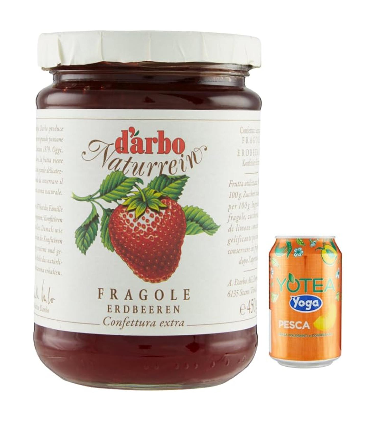 Rummo Darbo Confetura Pack of 12 Fragole Natural Glass Jams 450 g + 1 Can of Peach Iced Tea 330 ml - Buy Online on GoSupps.com