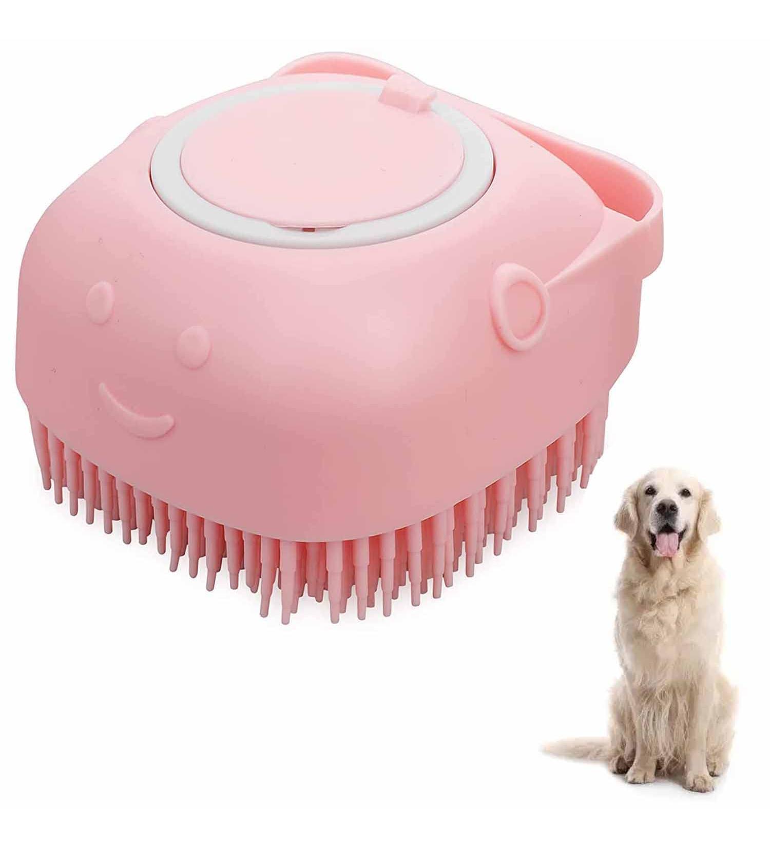 Pet Massage & Grooming Brush | Silicone Dog Shampoo Dispenser for Dogs & Cats | Deshedding Tool for Long & Short Haired Pets - Pink - Buy Online on GoSupps.com