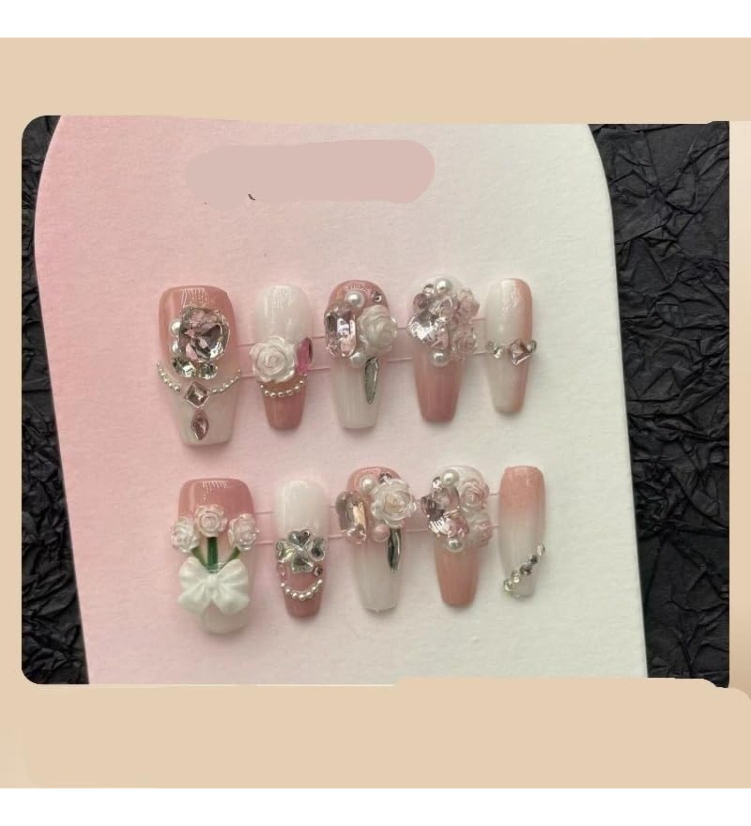 Handmade nail wearing pink Flower long style drill through metal illusion long style nail patch (Size : XS)