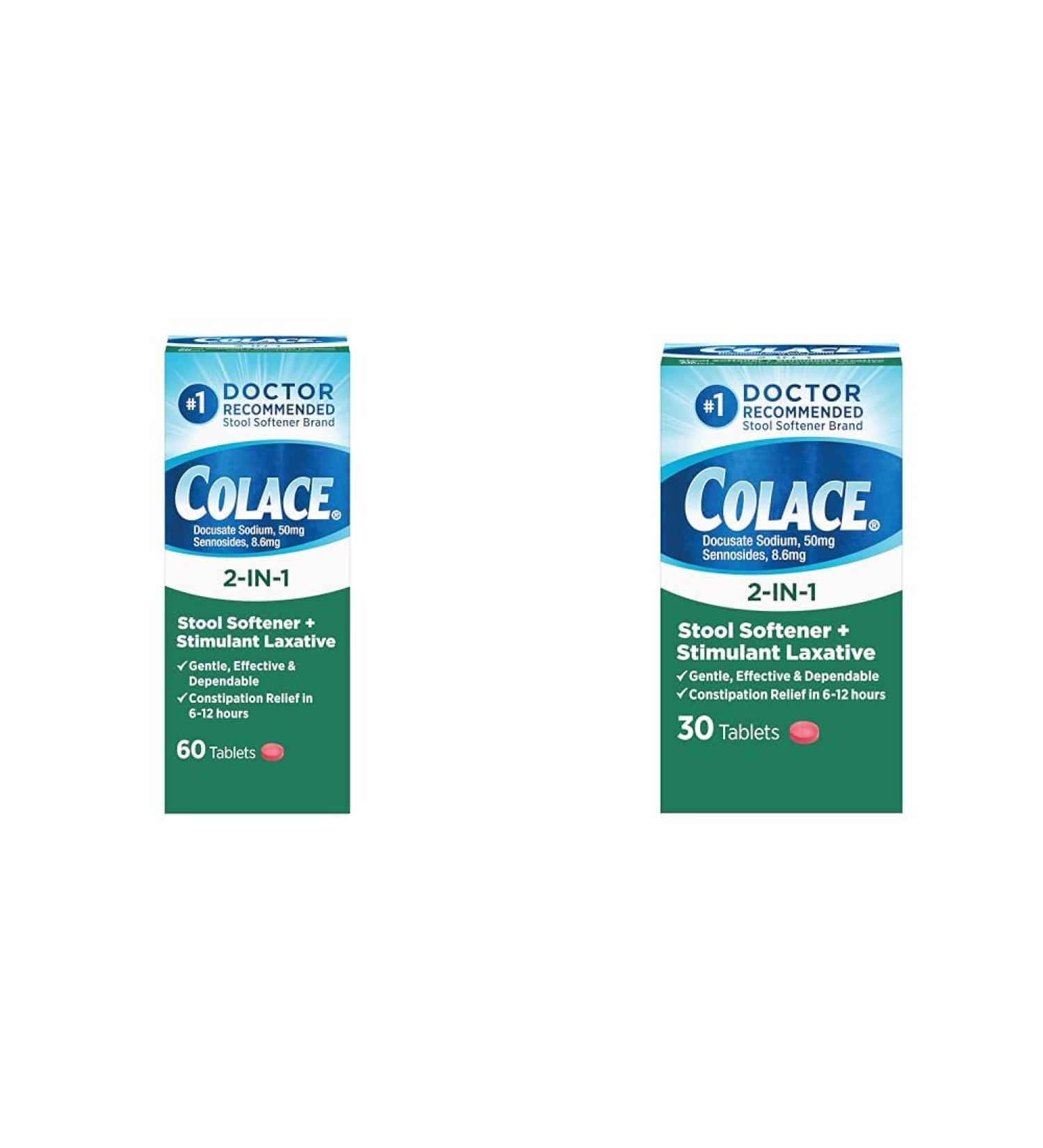 Colace 2-in-1 Stool Softener Plus Stimulant Laxative for Gentle Effective Constipation Relief Docusate Sodium Plus Sennosides 60 Count and 30 Count 60 Count (Pack of 1) Tablets + Tablets 30 Count - Buy Online on GoSupps.com