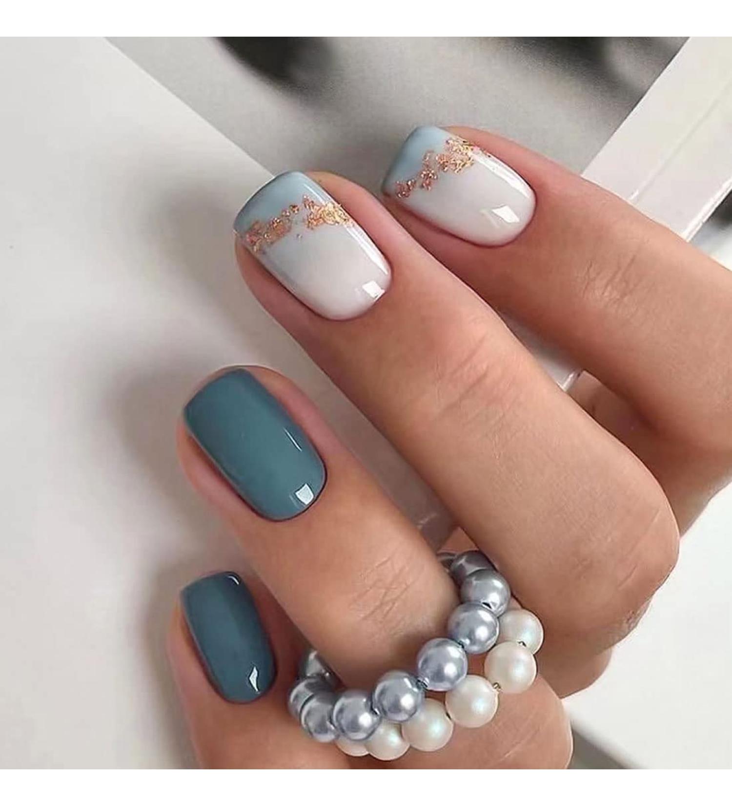 24 PCS Dark Green Marbling Press on Nails with Glue - Gold Glitter False Nails for Women - Square Stick on Acrylic Nails - Buy Online on GoSupps.com