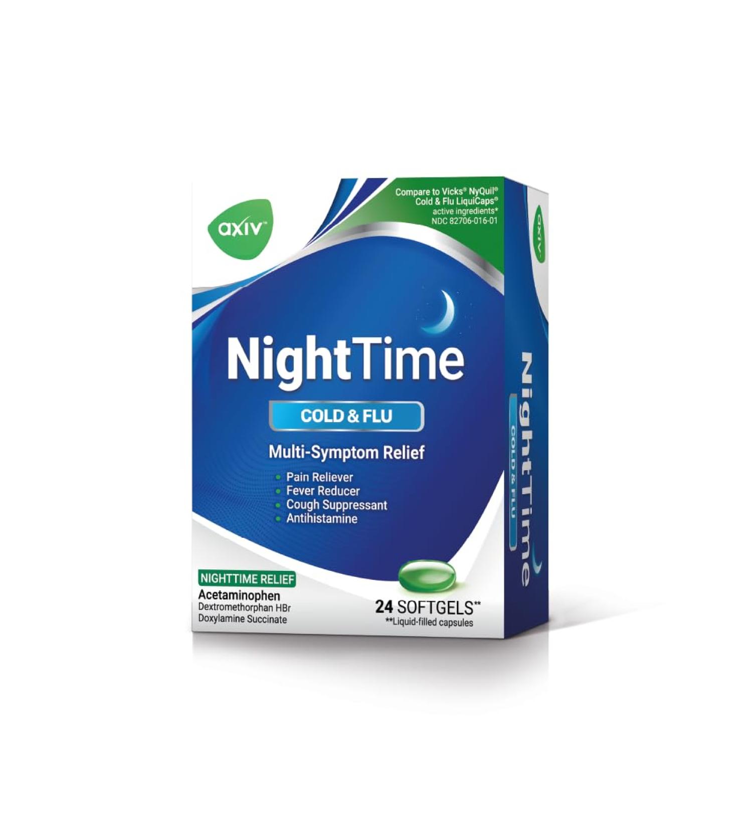 AXIV Nighttime Cold & Flu Relief Softgels - Multi-Symptom Relief for Headache Fever Sore Throat Aches Cough & More - 24 Count | International Shipping Available - Buy Online on GoSupps.com