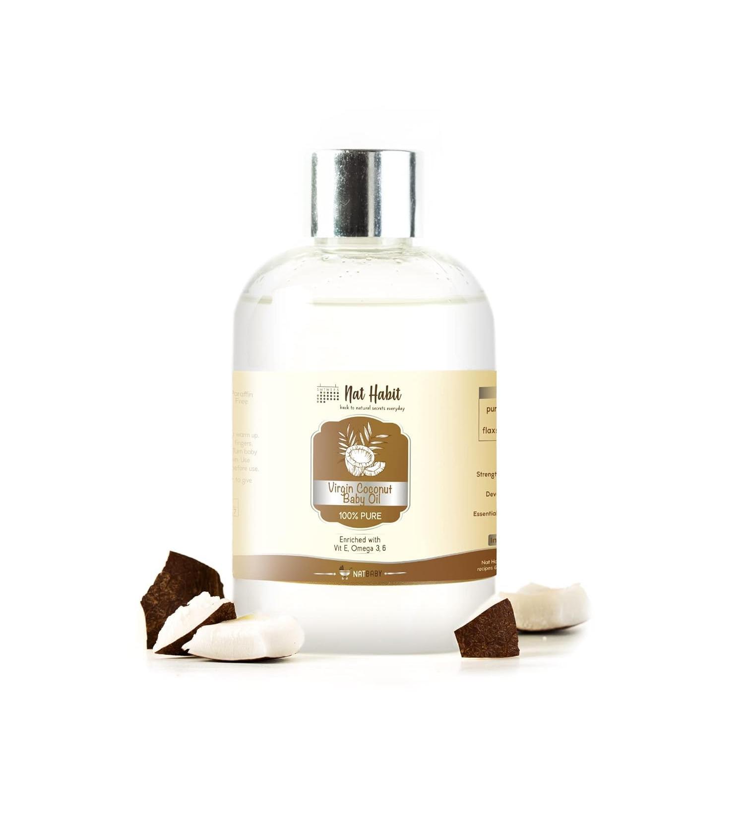 Nat Habit 100% Pure Virgin Coconut Baby Oil - Chemical & Preservative Free Enriched with Vitamin E & Omega-3 200ml for Baby Skin & Hair - Buy Online on GoSupps.com