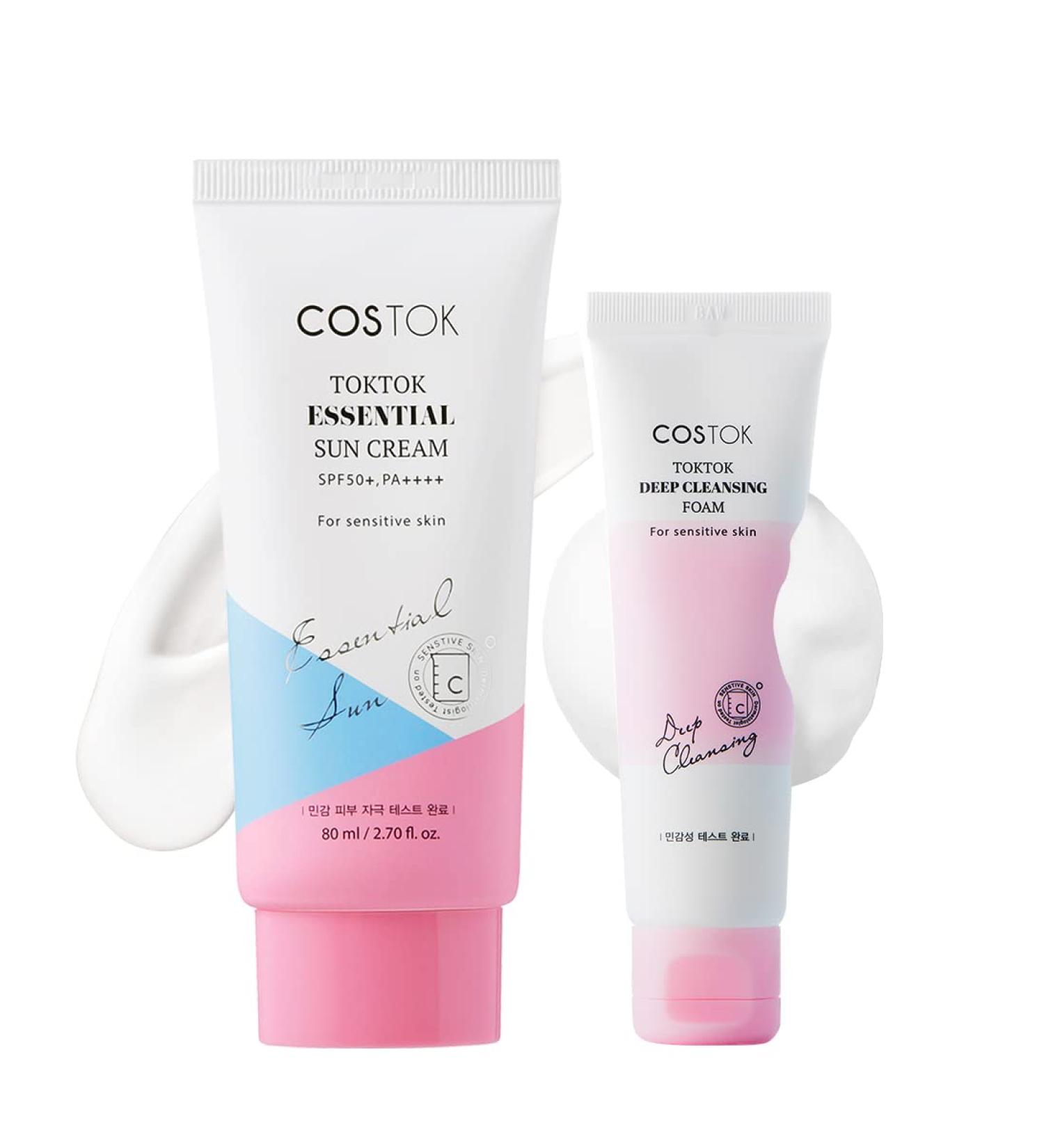 COSTOK TokTok Sun Cream SPF 50+/PA++++ 80ml + Deep Cleansing Foam 50ml | UVA & UVB Protection, Hypoallergenic Sunscreen & Gentle Facial Cleanser - Buy Online on GoSupps.com