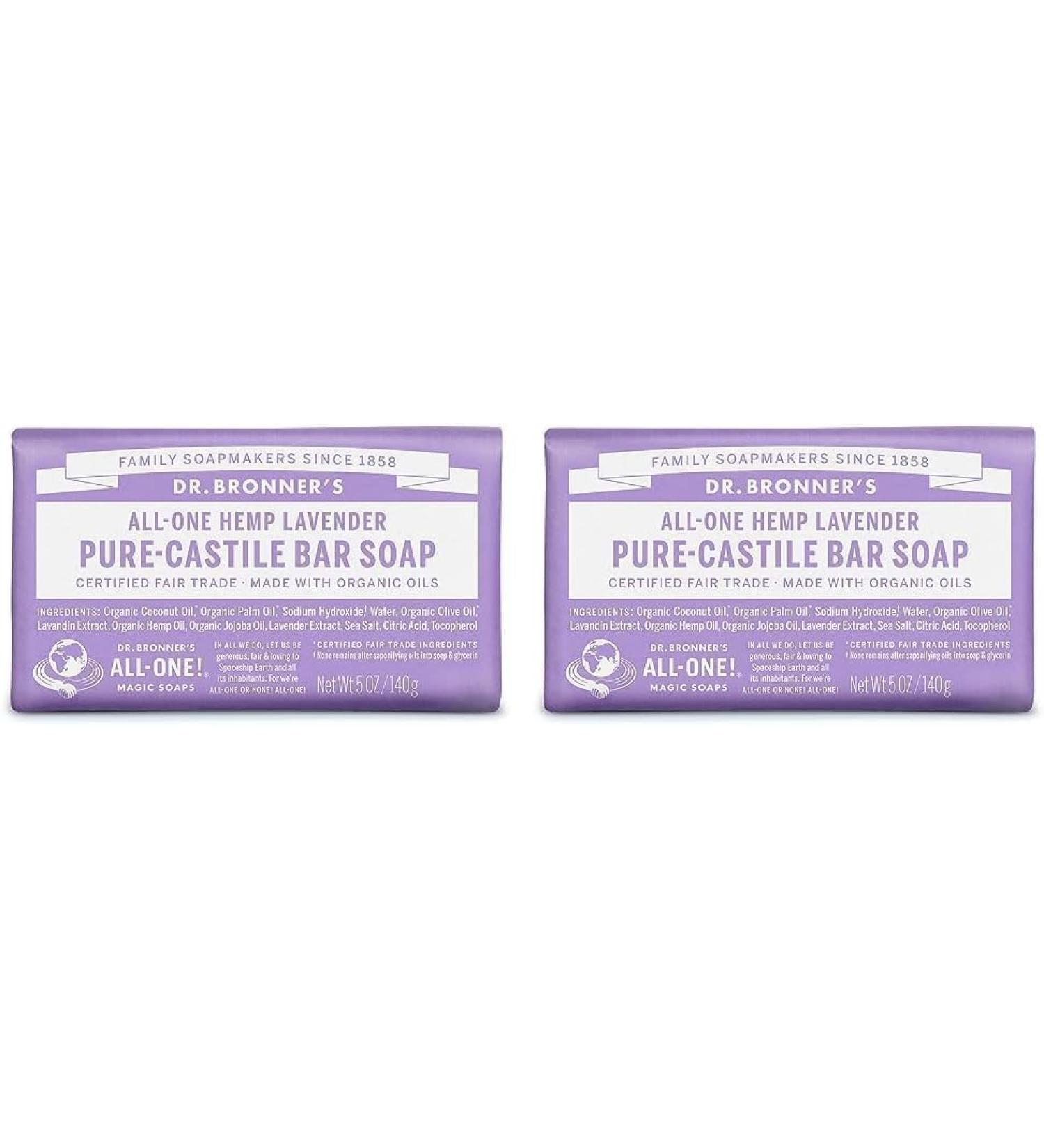 Dr Bronner's Lavender Pure-Castile Bar Soap Made with Organic Oils With No Synthetic Fragrances Preservatives or Thickeners For Face Body & Hair Fair Trade Certified & Vegan Friendly 140g Bar