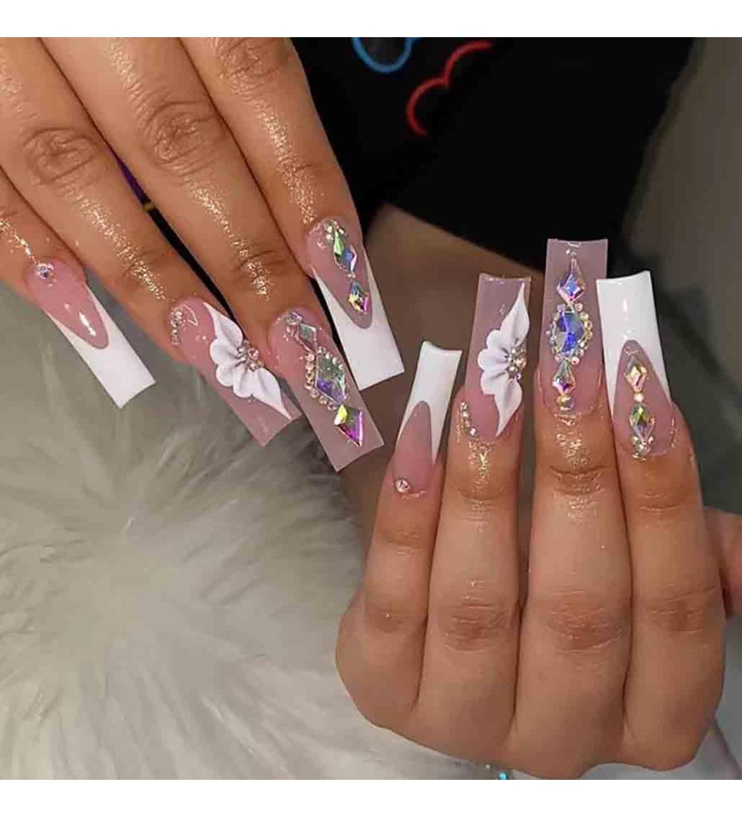 Foccna Extra Long White Press-On Nails | French Square Fake Nails with Crystal Flowers | 24PCS Acrylic Full Cover Nail Tips for Women & Girls - Buy Online on GoSupps.com