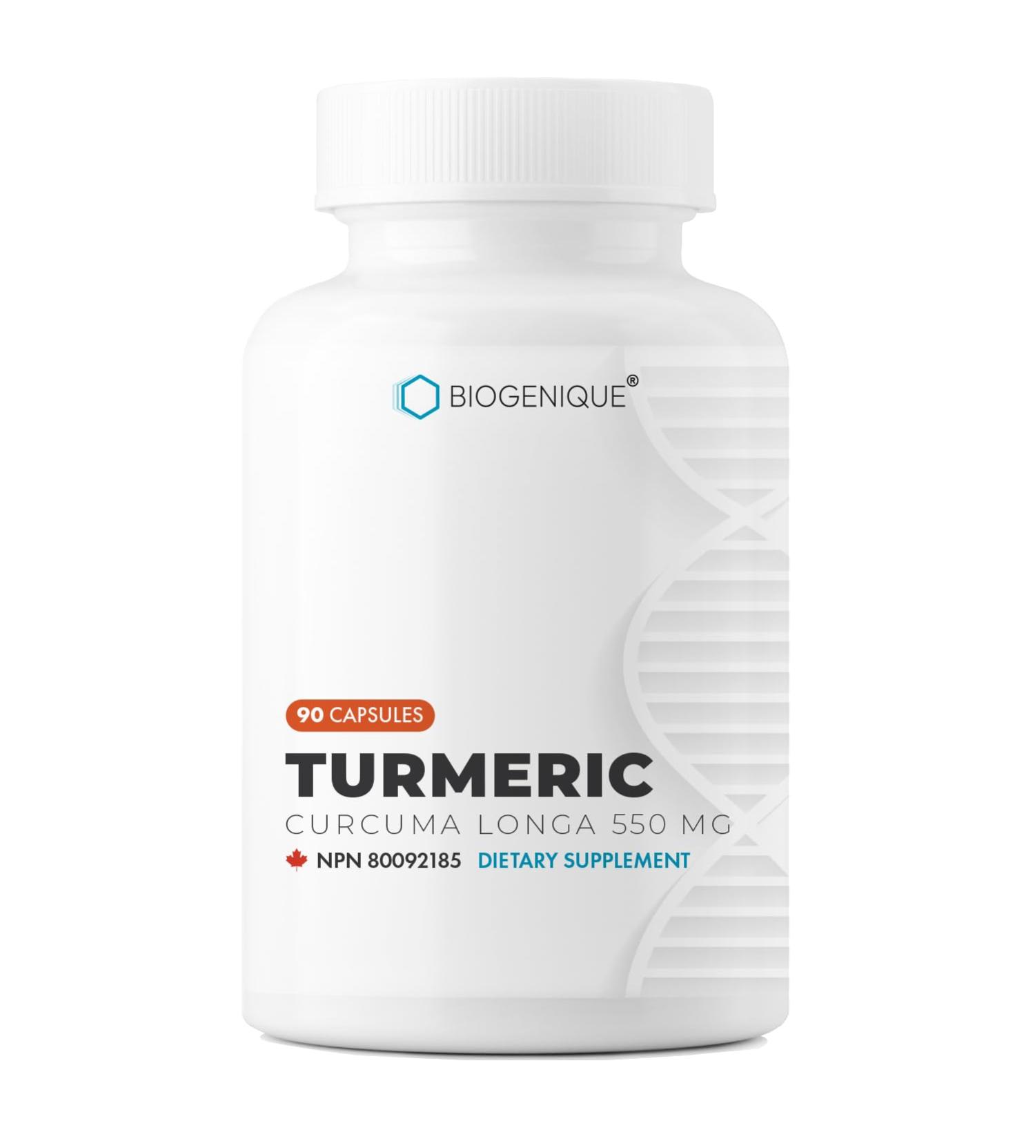 BIOGENIQUE turmeric supplement 90 Natural Turmeric Curcumin 500 mg high-efficiency capsules - Healthy Joint & Inflammation Support -Pharmaceutical grade Vegan Made in Canada - Standardized 95% Curcuminoids - Buy Online on GoSupps.com