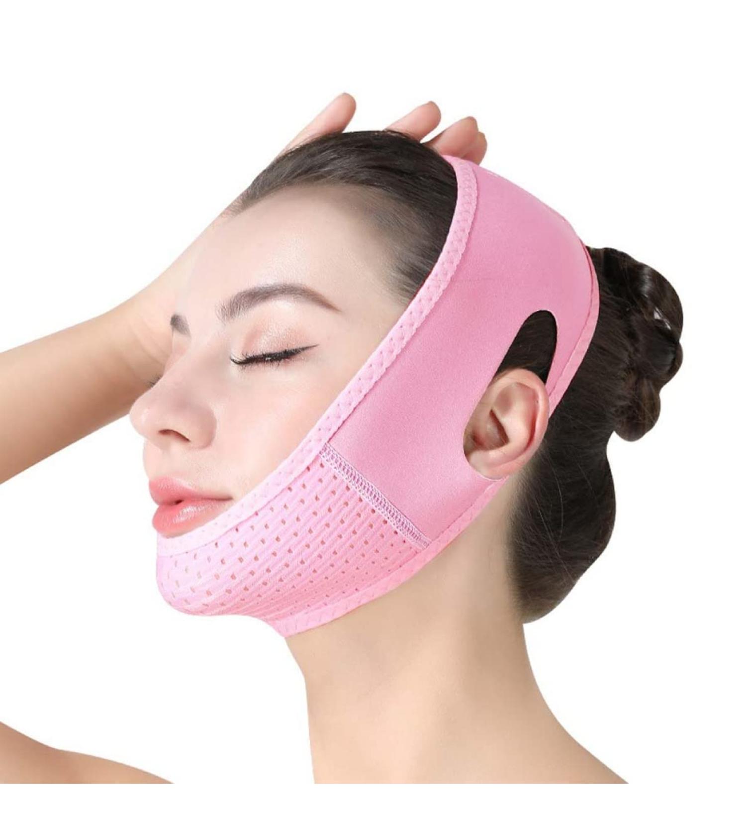 Chin Strap Double Chin Reducer V Line Facial Mask Face Lifting Tape Soft Chin Strap for Women Restore Skin Elasticity Pink - Buy Online on GoSupps.com