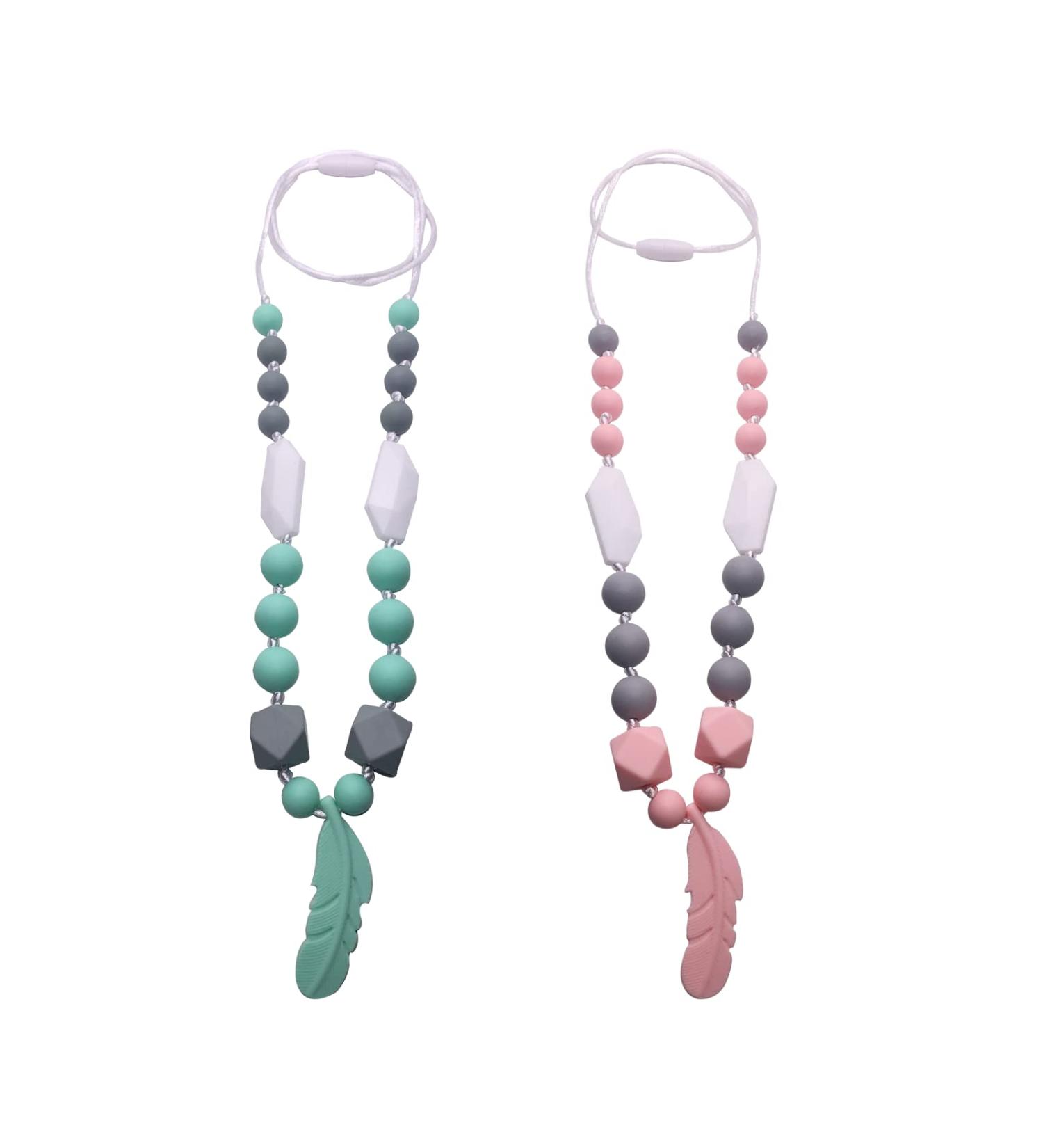 2pcs Baby Chew Necklace for Mom and Baby Teething - Sensory Chew Necklaces with Feather Pendants for Kids and Adults with Special Needs - Blue - Buy Online on GoSupps.com