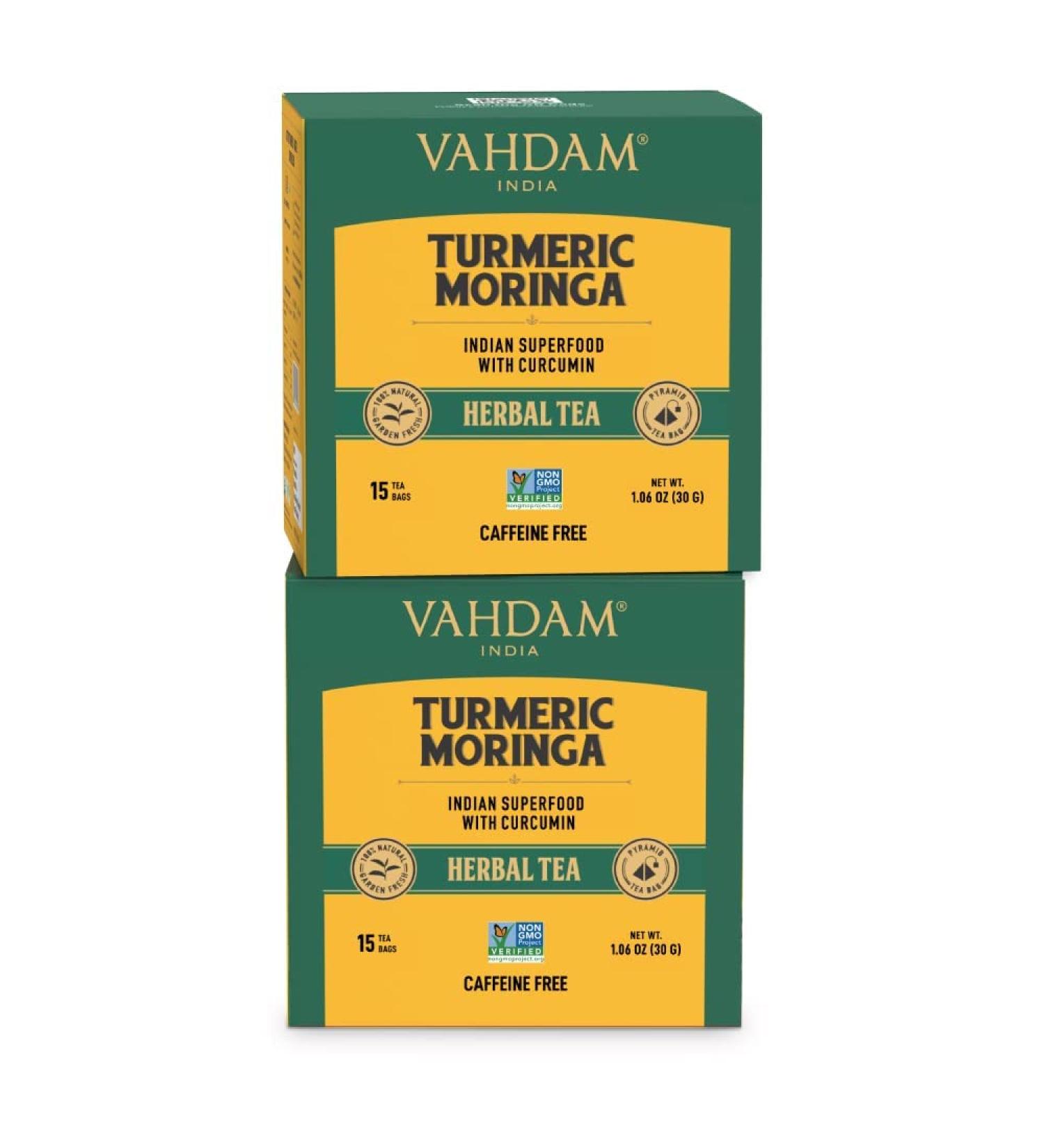 VAHDAM Turmeric Moringa Herbal Tea Bags (30 Count) Caffeine Free Non GMO Gluten Free | 100% Pure Herbal Blend - Sweet & Earthy | Individually Wrapped Pyramid Tea Bags | Direct from Source
