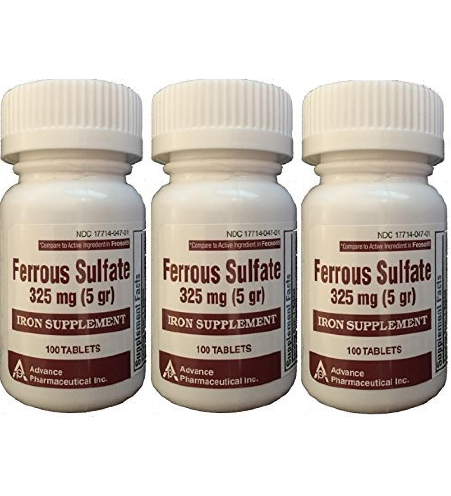 Ferrous Sulfate Iron Supplement 325 mg (5GR) Generic for Feosol Red Tablets 100 Tablets per Bottle Total 300 tablets by ADVANCE PHARMACEUTICAL 100 Count (Pack of 3)