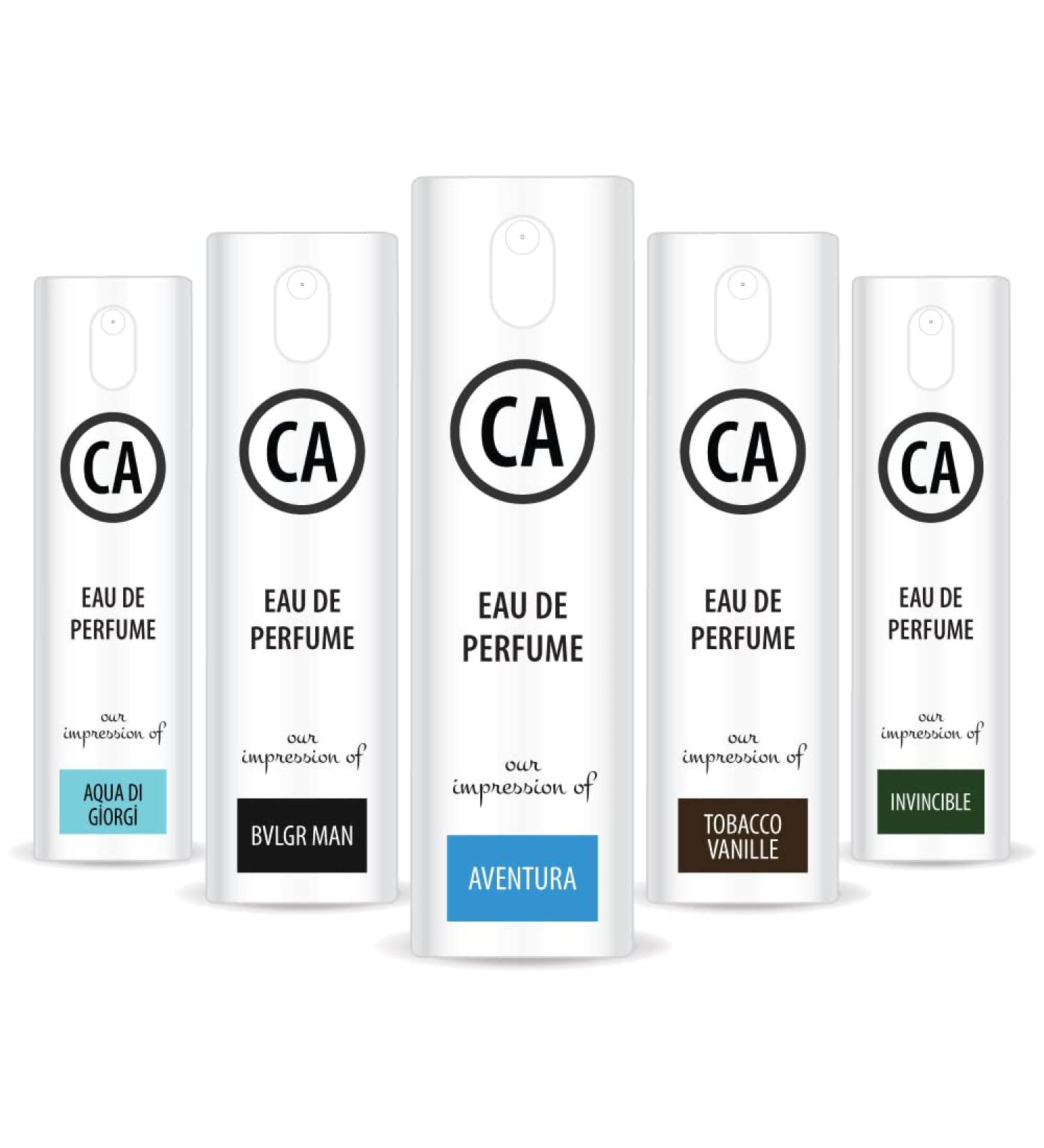 CA Perfume All Time Classic Men Set Impression of (Aventura + Acqua Di Giorgi + Invincible + Bvlg. Man + Tobacco Vanilla) Fragrance Sample Travel Size Parfum Sprayer (0.3 Fl Oz/10 ml) x5 - Buy Online on GoSupps.com