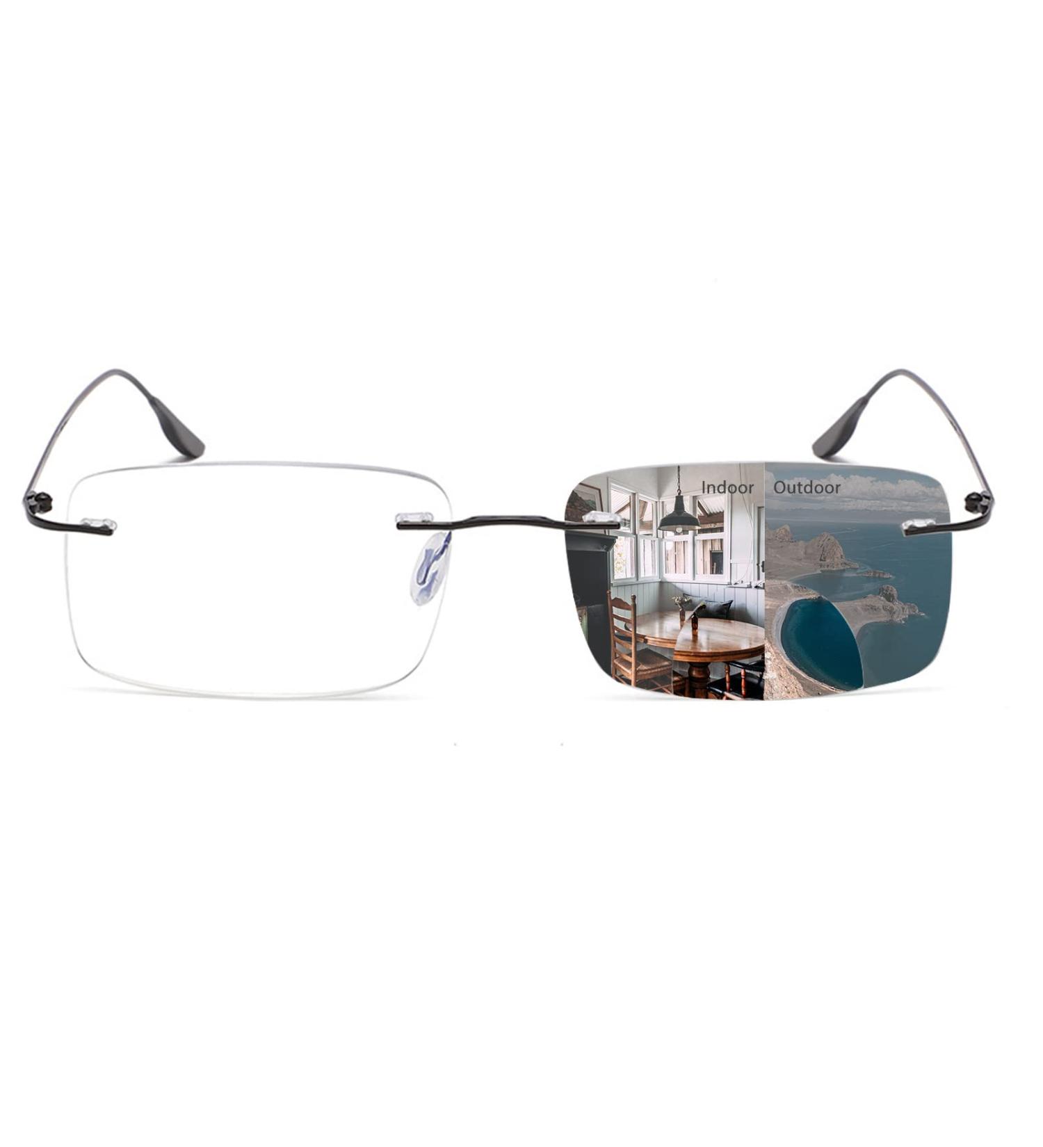Photochromic Bifocal Reading Glasses | Anti-Blue Light Rimless Transition Sunglasses for Men & Women - Black 2.0x - Buy Online on GoSupps.com
