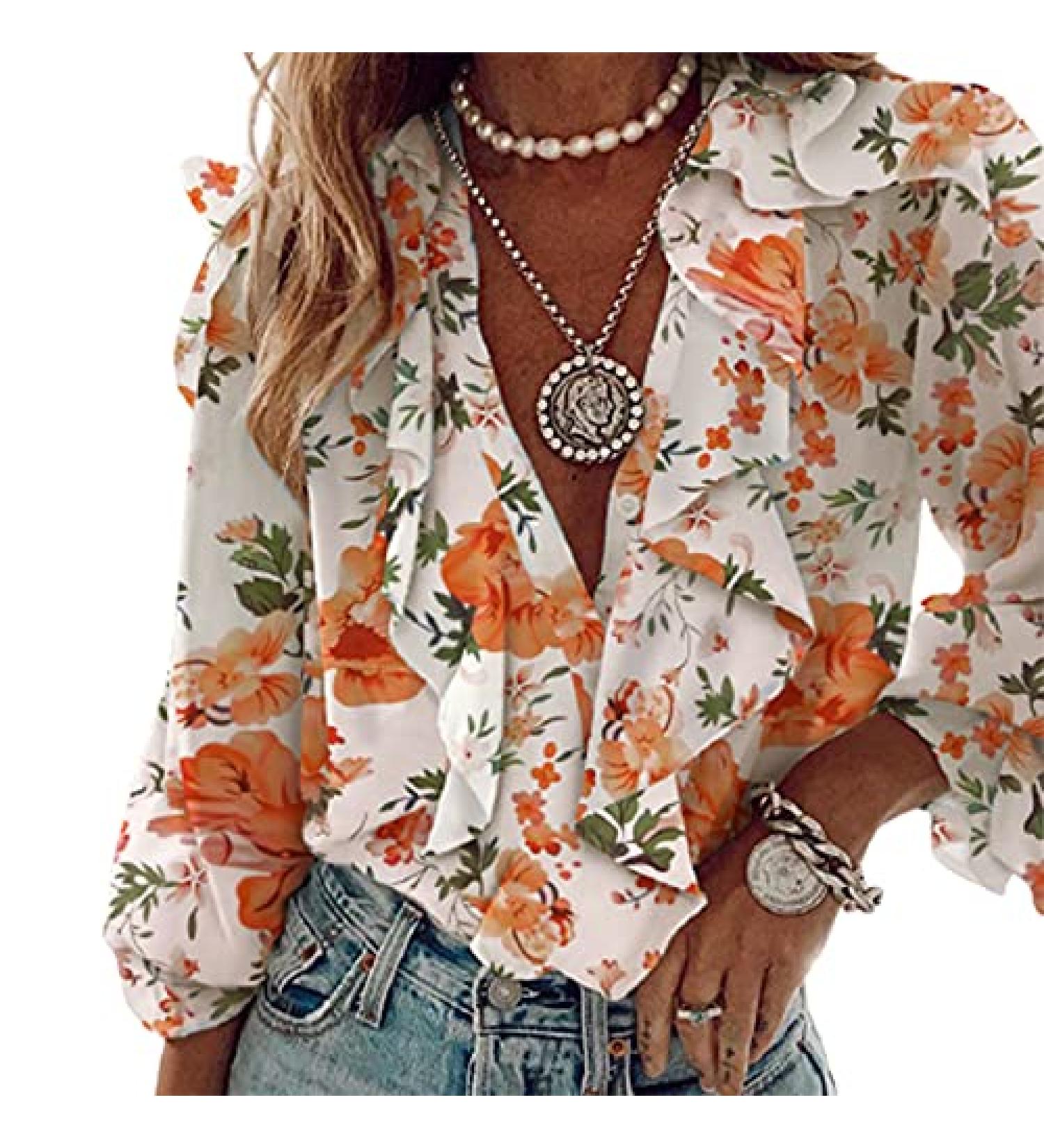 Women's XX-Large Orange Floral Butterfly Chiffon Ruffle V-Neck Pullover T-Shirt - Buy Online on GoSupps.com