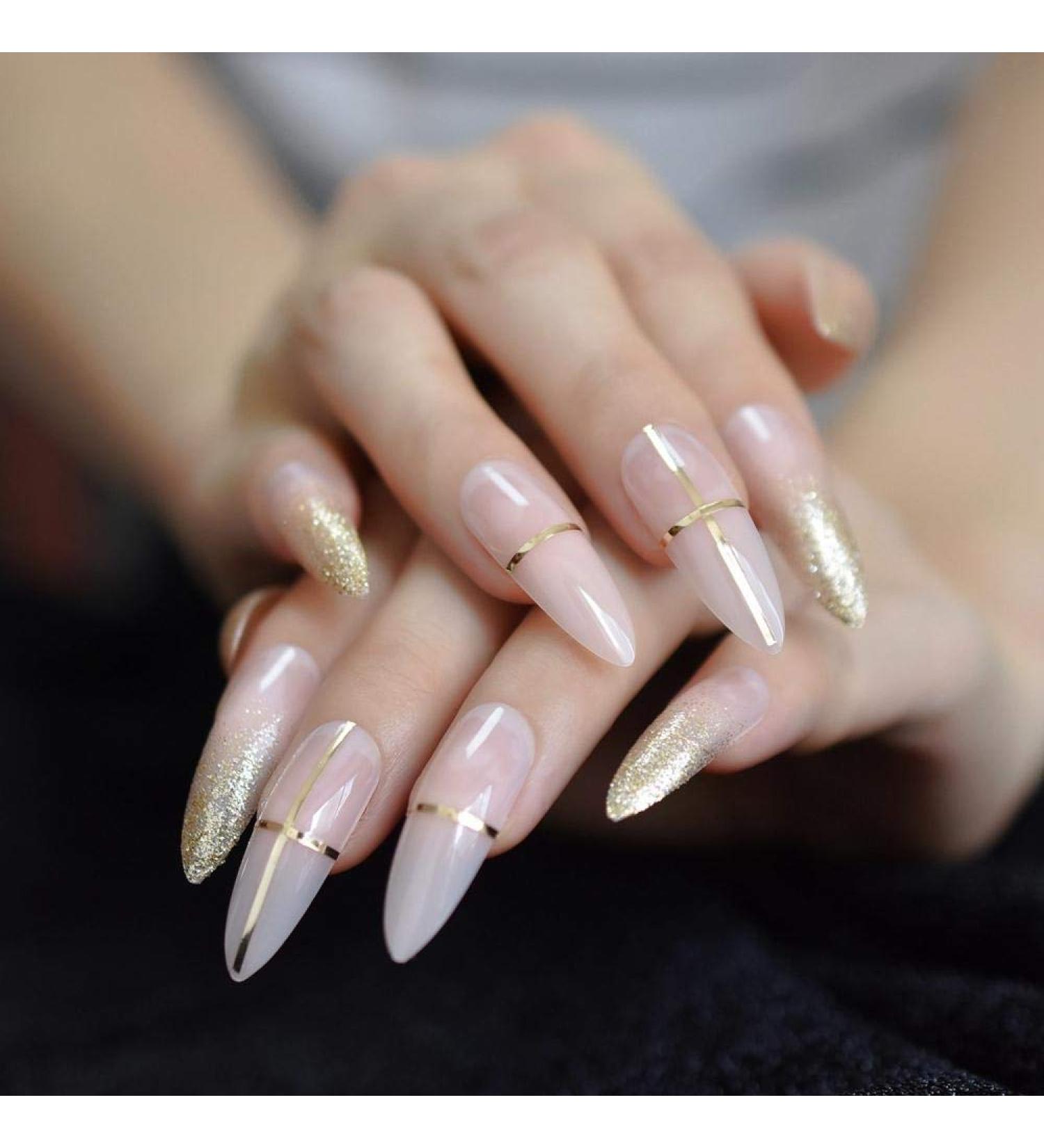 Buy Hujl Beige French Press On Nails Super Long Natural Sharp Design with Sequins & Golden Cross-Line - Buy Online on GoSupps.com