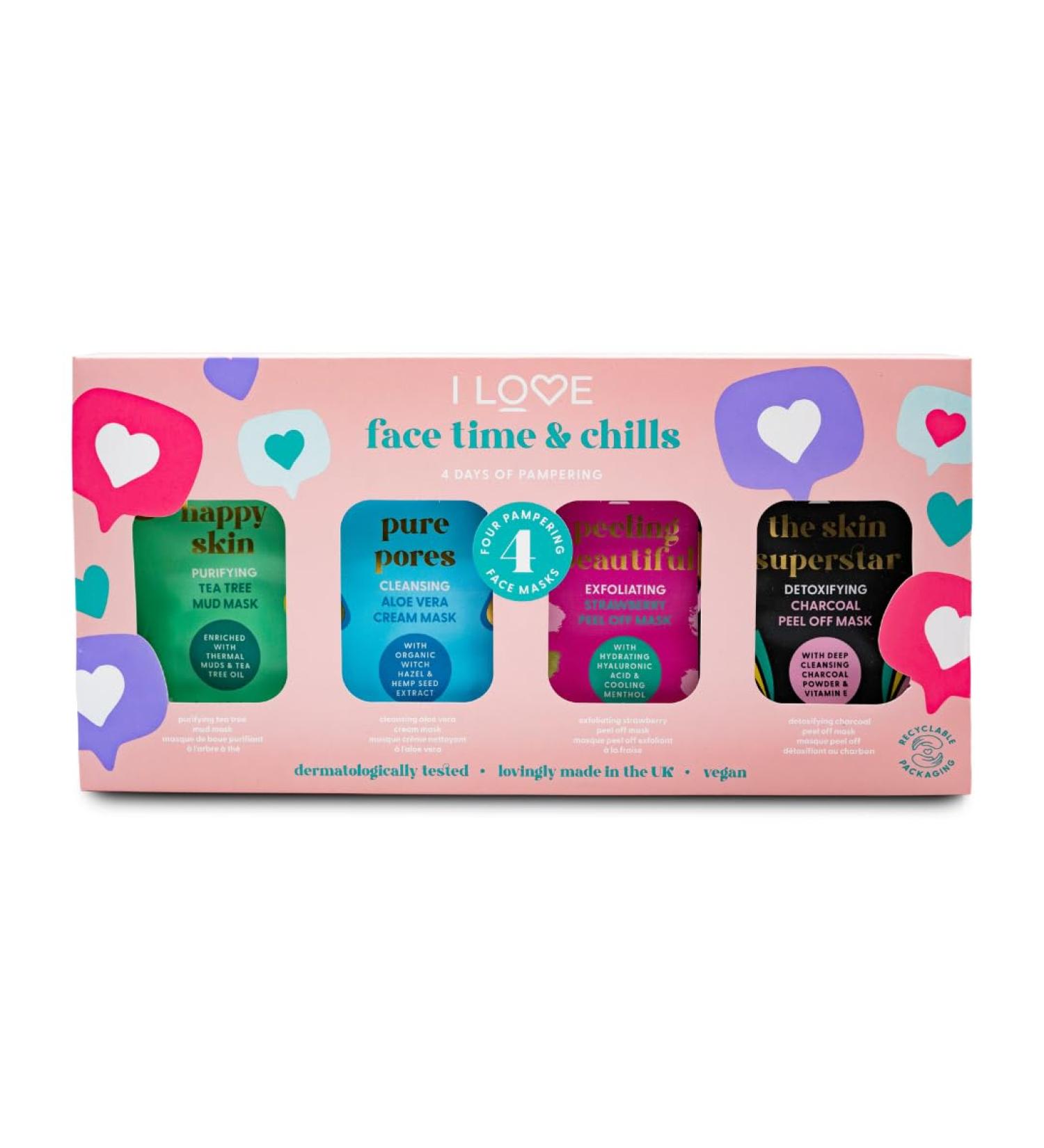 I Love Face Time and Chills Face Masks Set of 4 Pampering Face Masks Purifying Tea Tree Mud Mask Cleansing Aloe Vera Cream Mask Exfoliating Strawberry Peel Mask Detoxifying Charcoal Peel Mask
