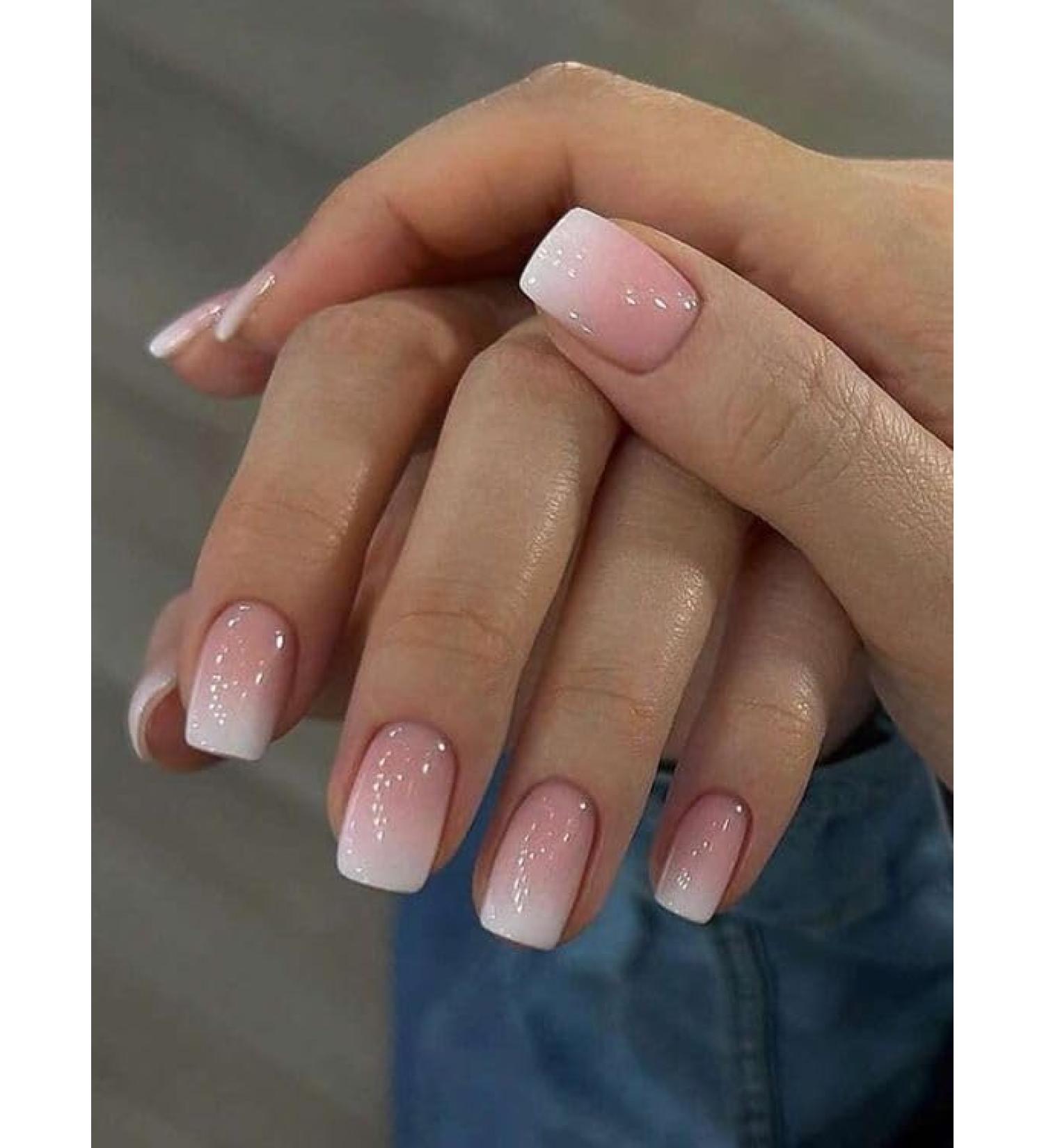 Buy Quadratical Short Nails - Baby Boomer Gradient Press-On Artificial Nails Set (24 Pcs) with Glue - Full Cover Acrylic for Women - Buy Online on GoSupps.com