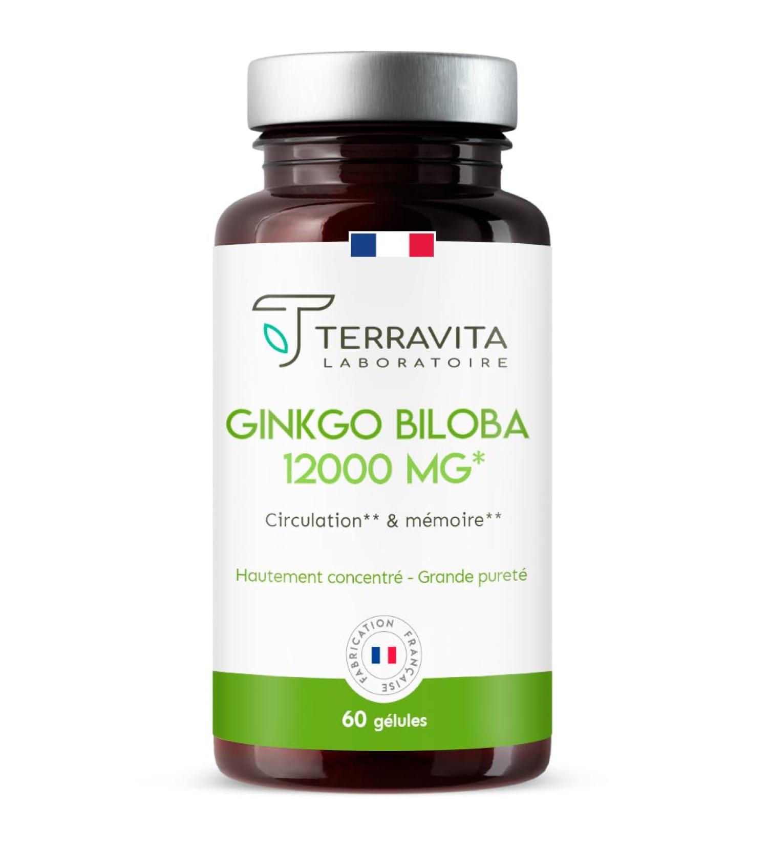 GINKGO BILOBA 12000 mg | 50:1 Extract Highly Dosed 6000 mg per Capsule | Memory Booster - Concentration - Tinnitus - Blood Circulation | 60 Vegan Capsules | Made in France | Terravita - Buy Online on GoSupps.com