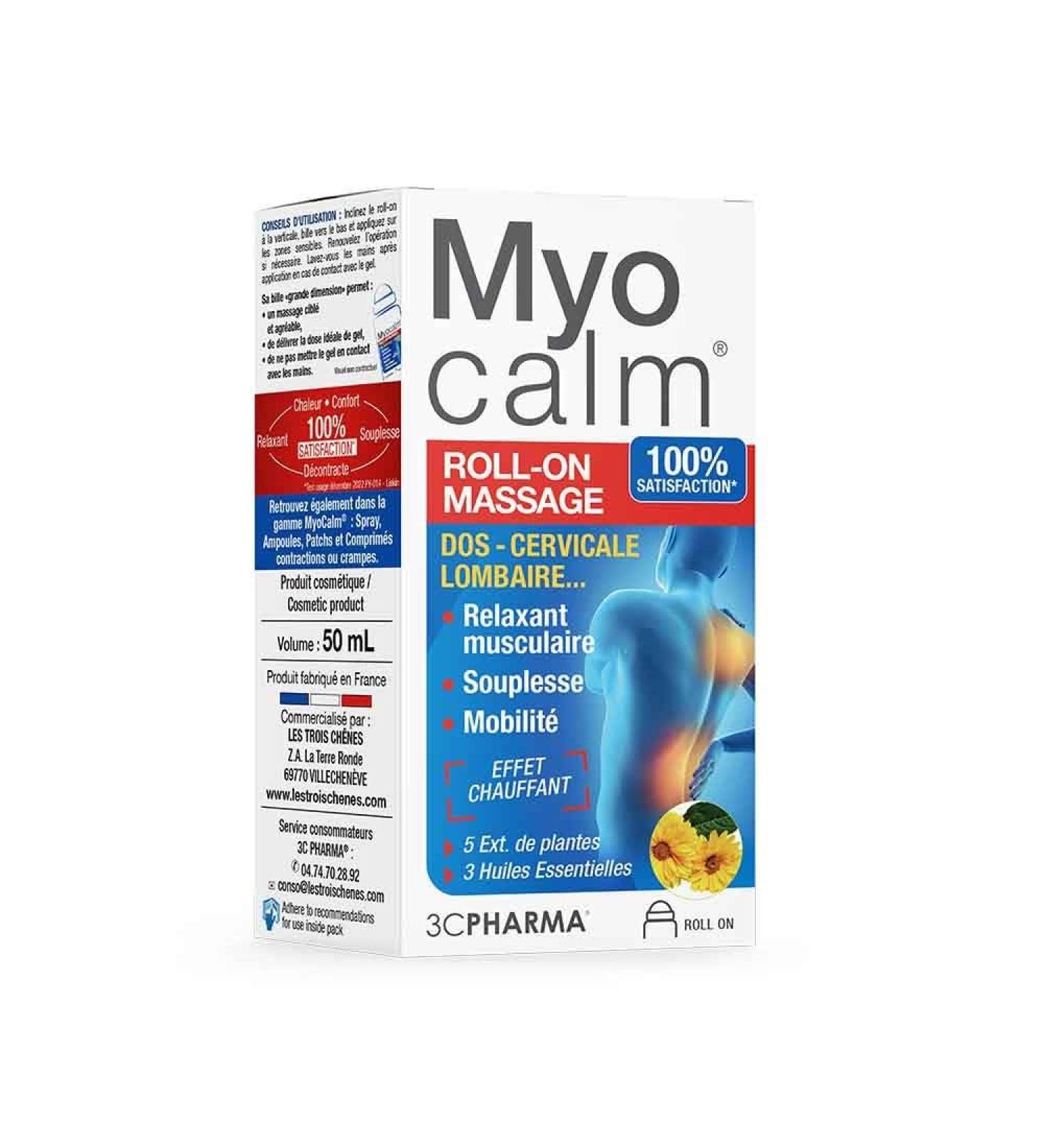MYOCALM ROLL-ON | Effet Massant Chauffant pour les Muscles | Formule avec 4 Extraits de Plantes et 3 Huiles Essentielles Apaisantes | Application Locale Pratique | Flacon de 50 ml - 3C PHARMA