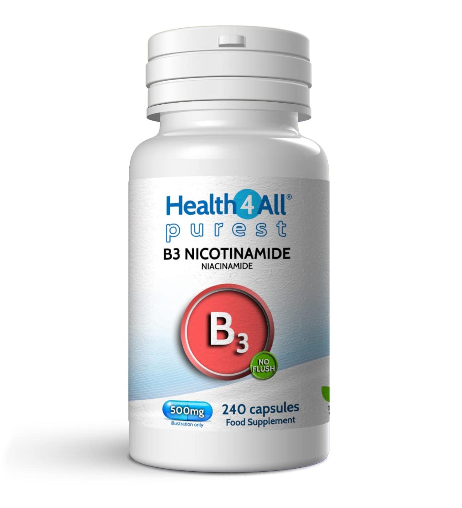 Vegan Vitamin B3 Nicotinamide 500mg 240 Capsules | No-Flush Niacinamide | UK Made by Health4All - Buy Online on GoSupps.com