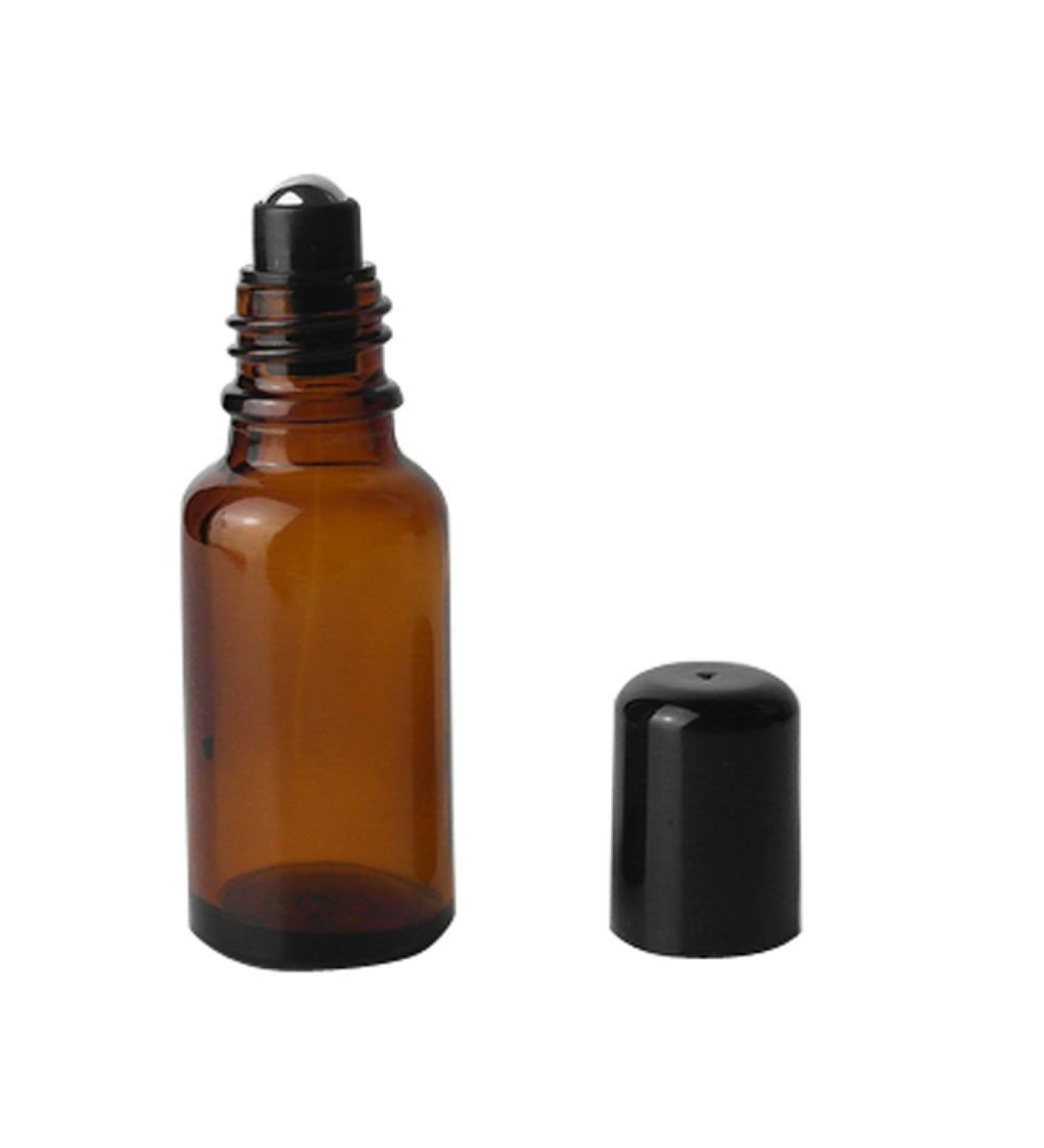 3Pcs brown glass roll -on bottles with stainless steel roller balls and black cap -Stential oil perfume lip cosmetics gloss balms phiole container (20ml)