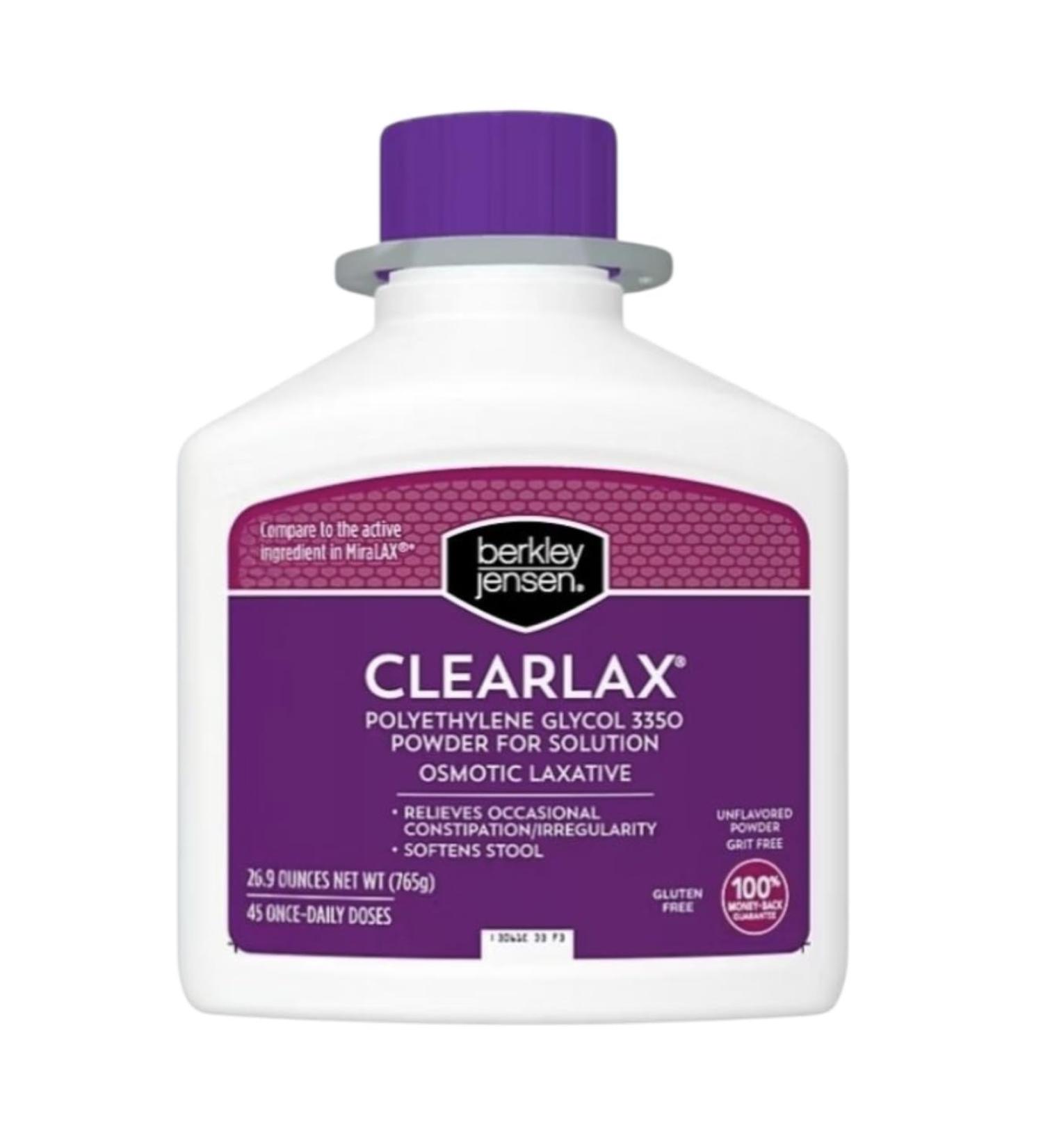 berkley jensen ClearLax Polyethylene Glycol 3350 Powder for Solution Stool Softener Osmotic Laxative Gentle Occasional Constipation Relief - Unflavored 45 Dose 26.9 oz (Pack of 1) - Buy Online on GoSupps.com